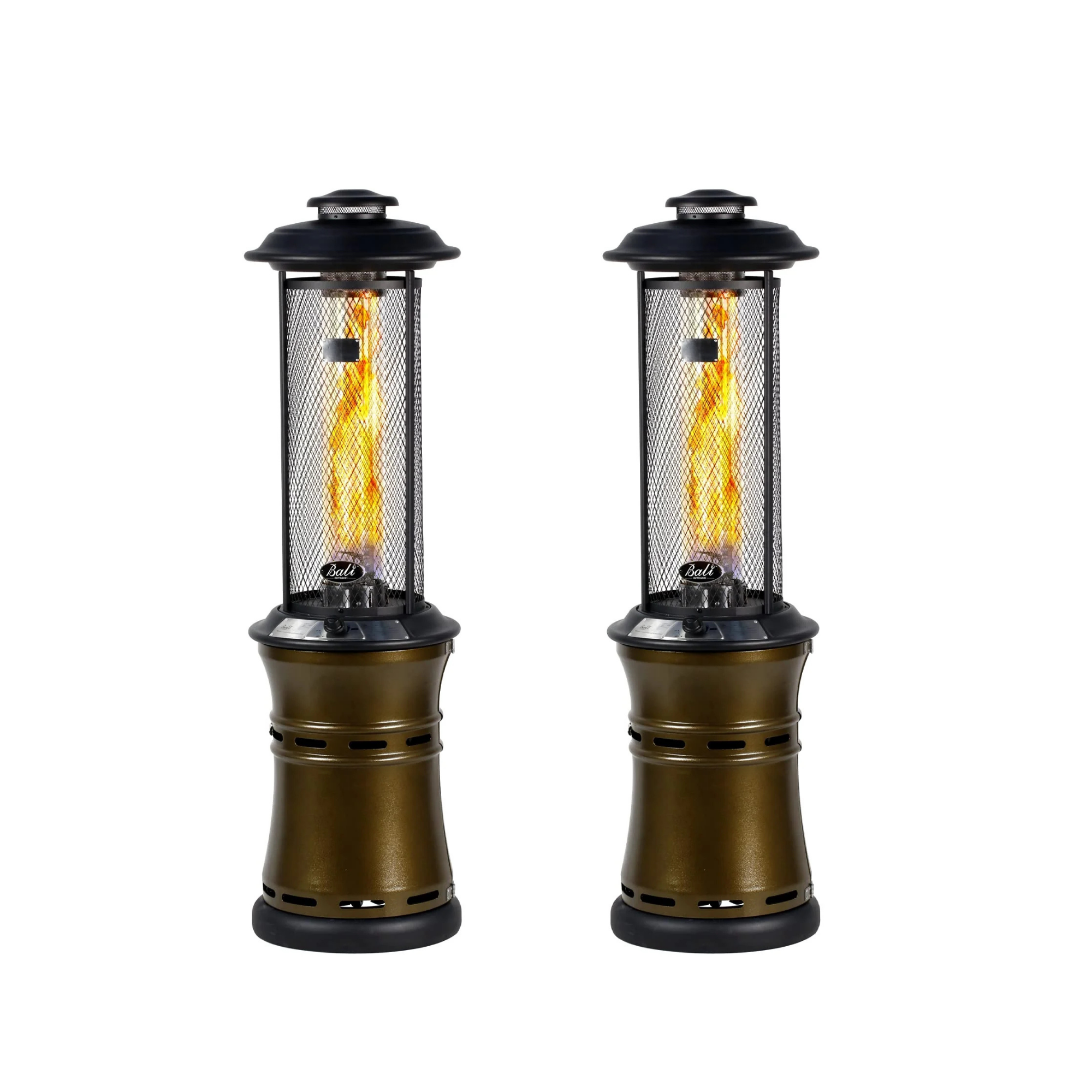Two bronze 20-inch patio propane heaters with black tops and mesh cylinders emitting flames.