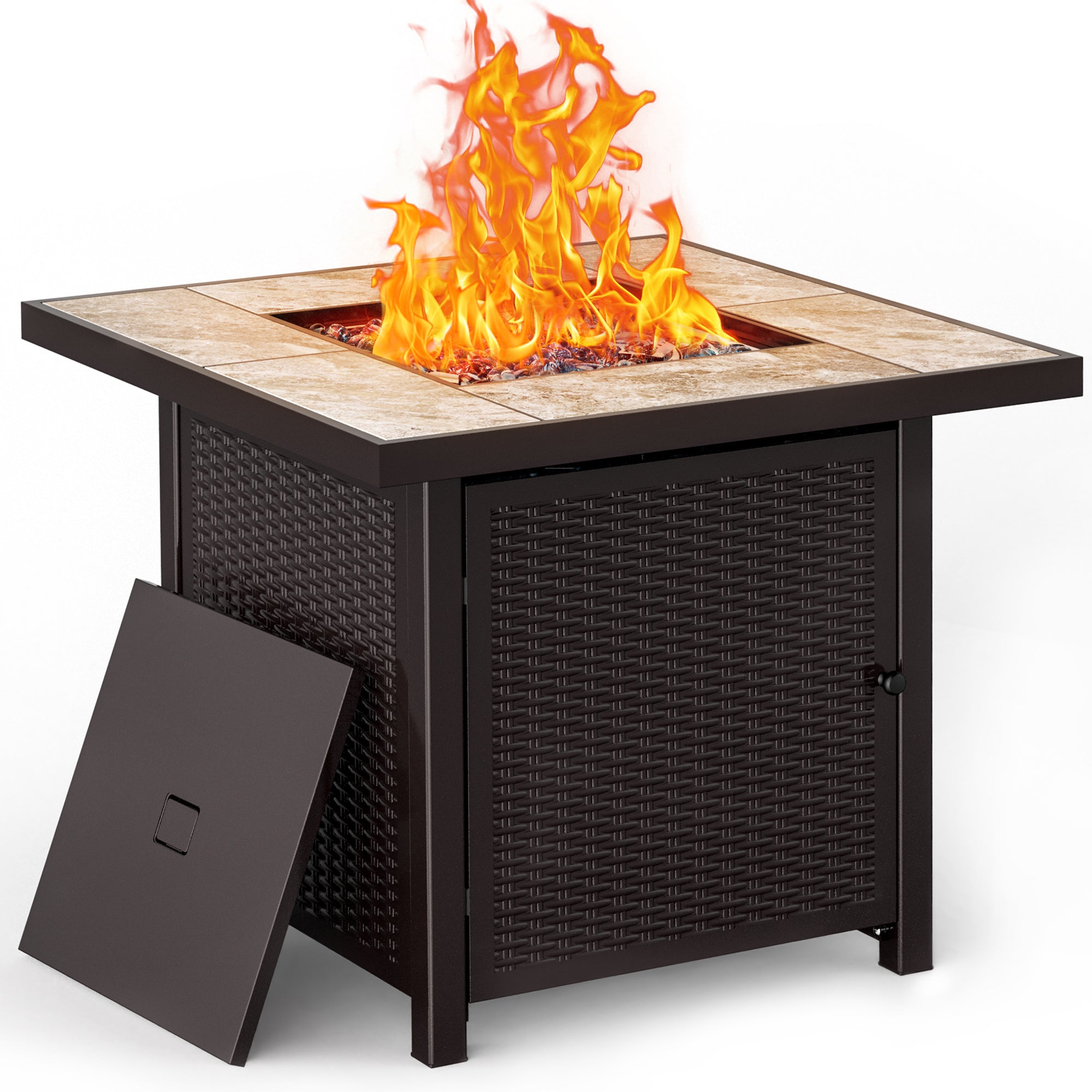 32 inch square brown propane fire pit table with tiled top, woven base, and flames.