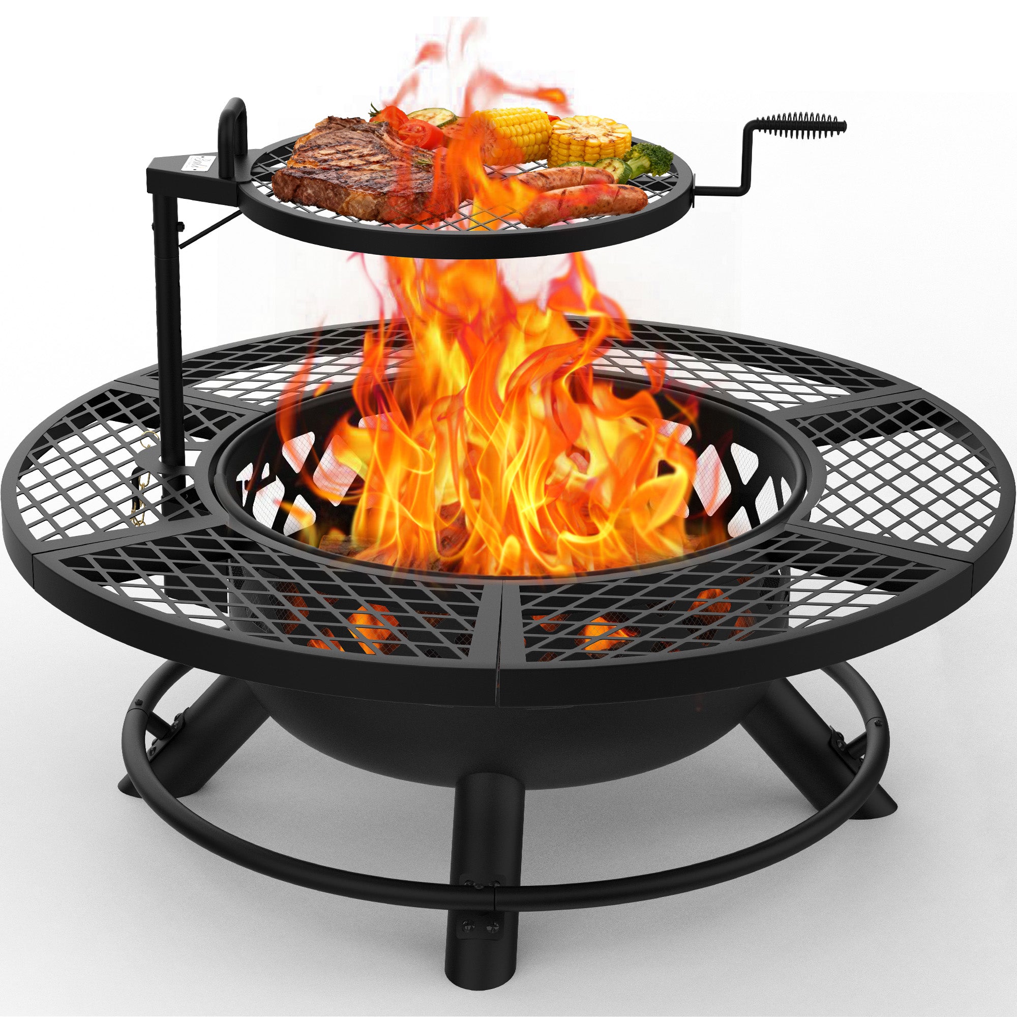 40 inch black wood burning fire pit with grill grate cooking steak, sausages, corn, and vegetables over vibrant flames.