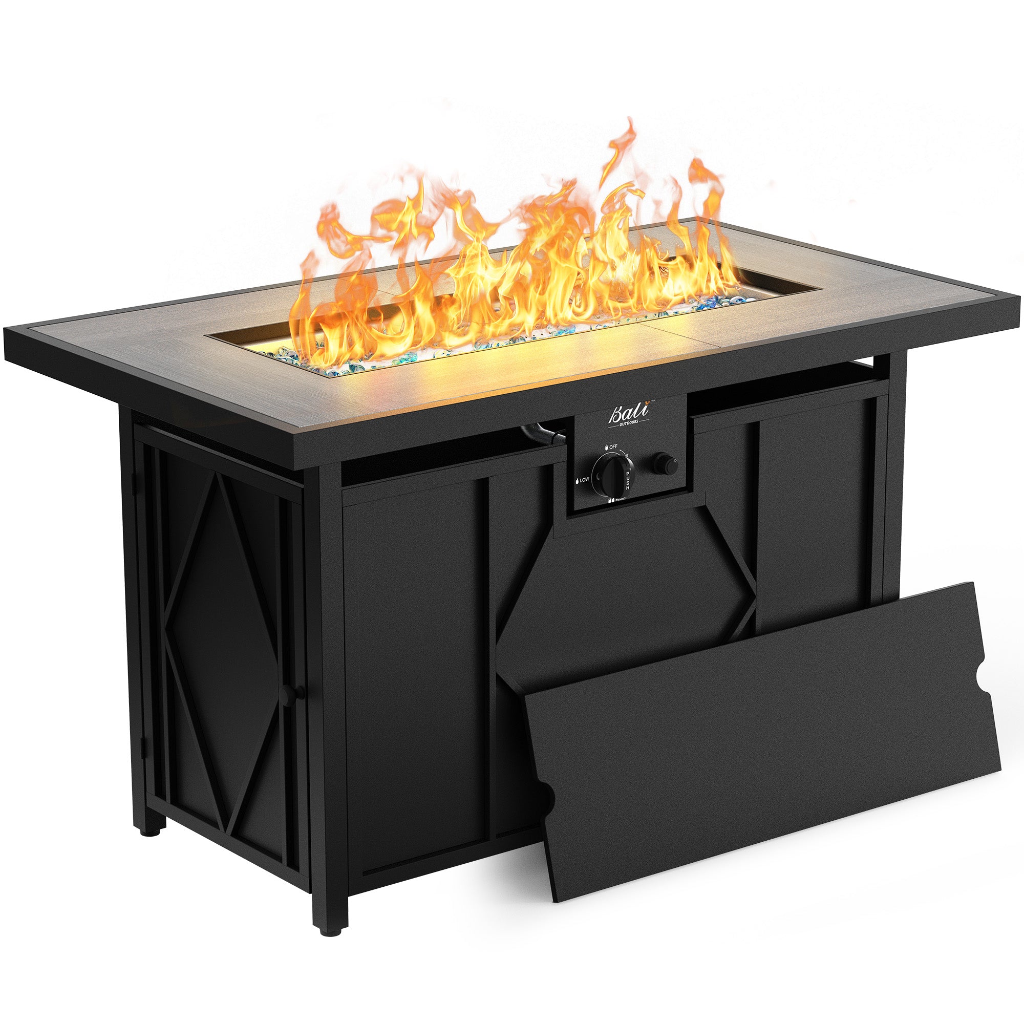 42-inch black propane fire pit table, ceramic top, lit with orange flames and glass stones, side panel open.