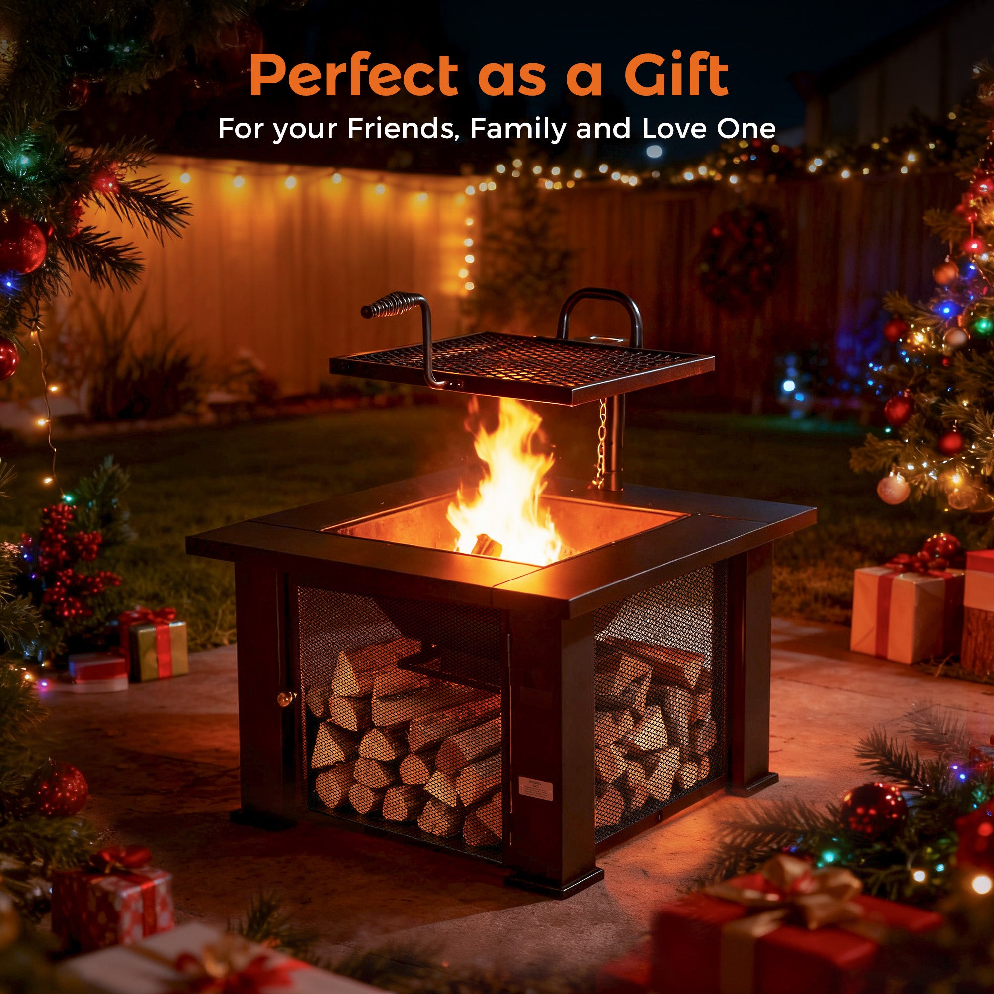 32 Inch Square Outdoor Wood Burning Fire Pit, Black