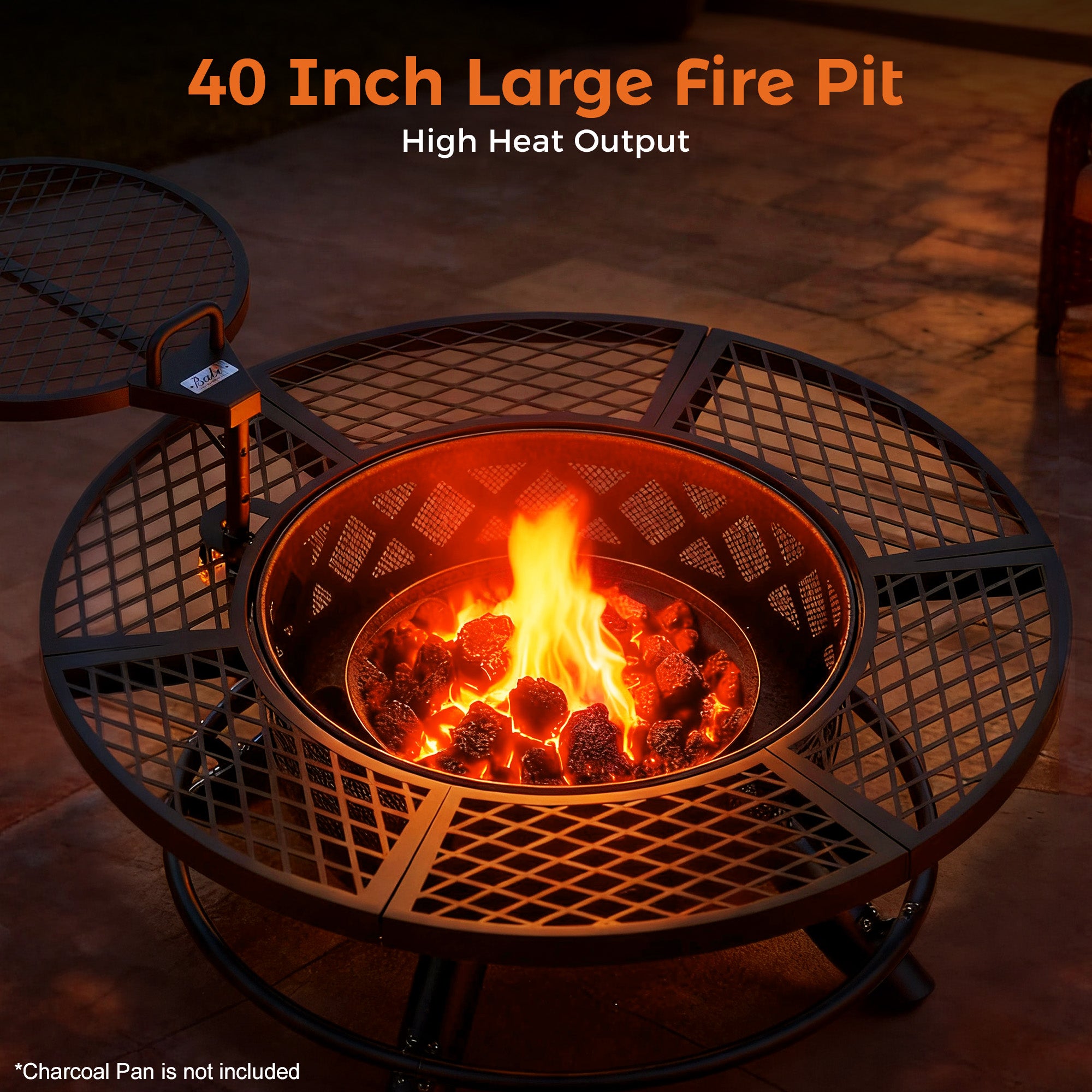 40 inch BALI OUTDOORS wood fire pit with diamond grate and high heat output. Flames and embers glow.