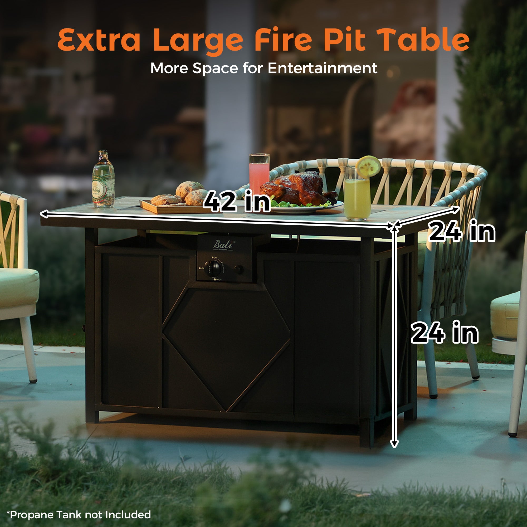 42 inch propane fire pit table, textured ceramic top, dark gray base, dimensions 42x24x24 inches, patio dining.