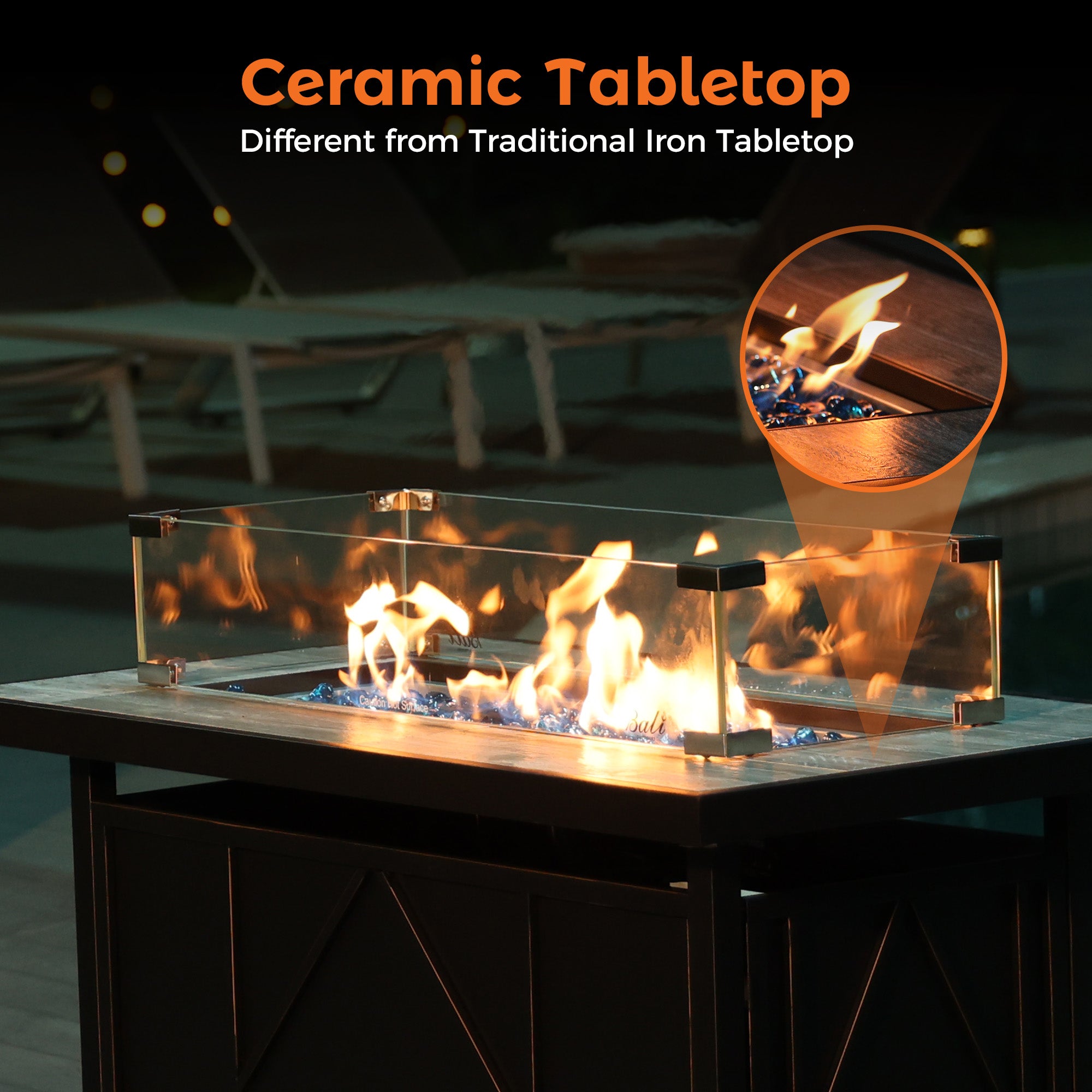 42 inch black propane fire pit table with ceramic top, blue glass stones and dancing flames, glass wind guard.