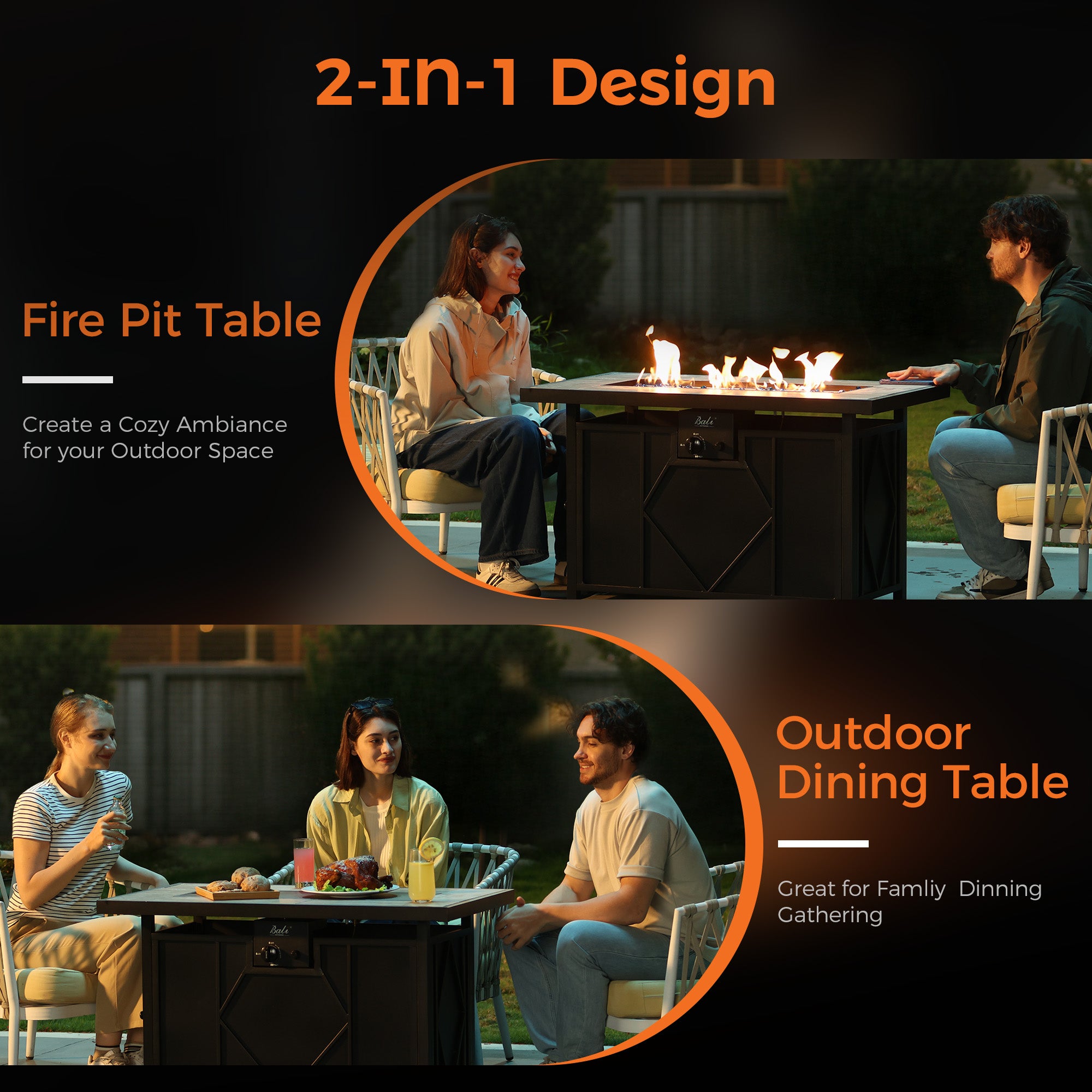 42 inch black propane fire pit table, ceramic top. Shown as a fire pit and a dining table with people.