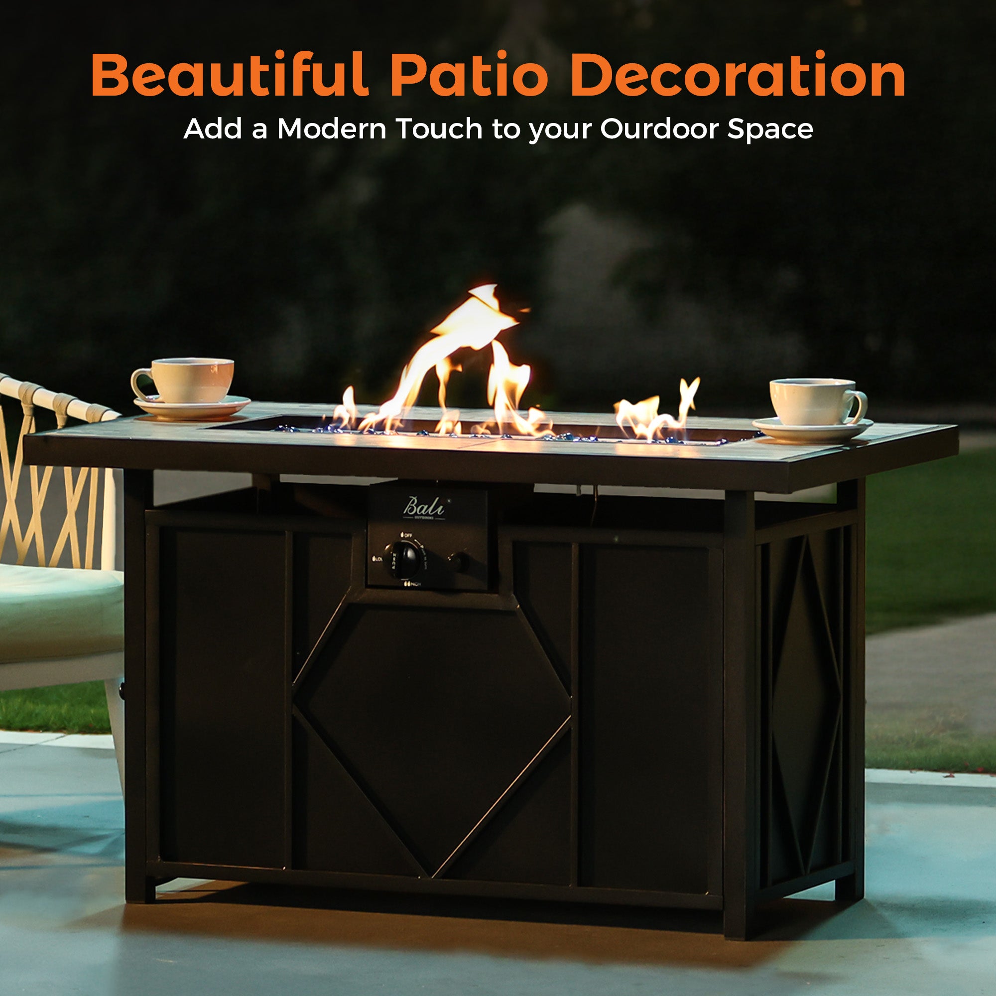 42-inch black propane fire pit table, ceramic top, orange flames, blue glass stones, patio ambiance with coffee cups.