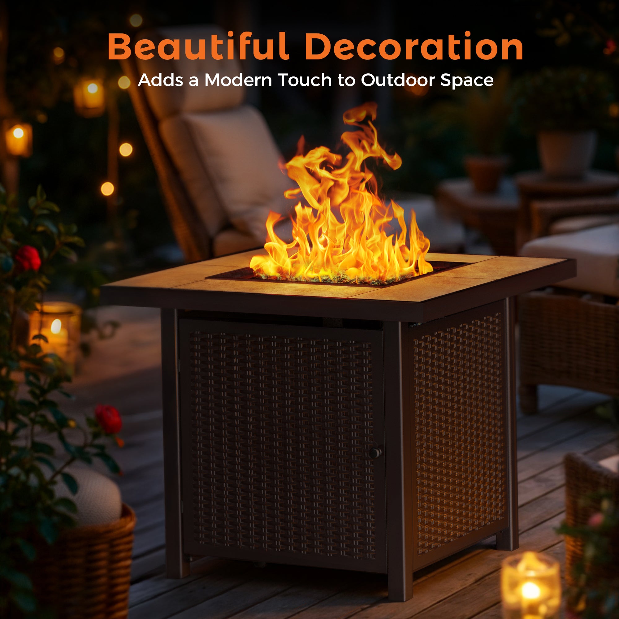 32 inch square brown propane fire pit table with tiled top, woven sides, and bright flames on outdoor patio.