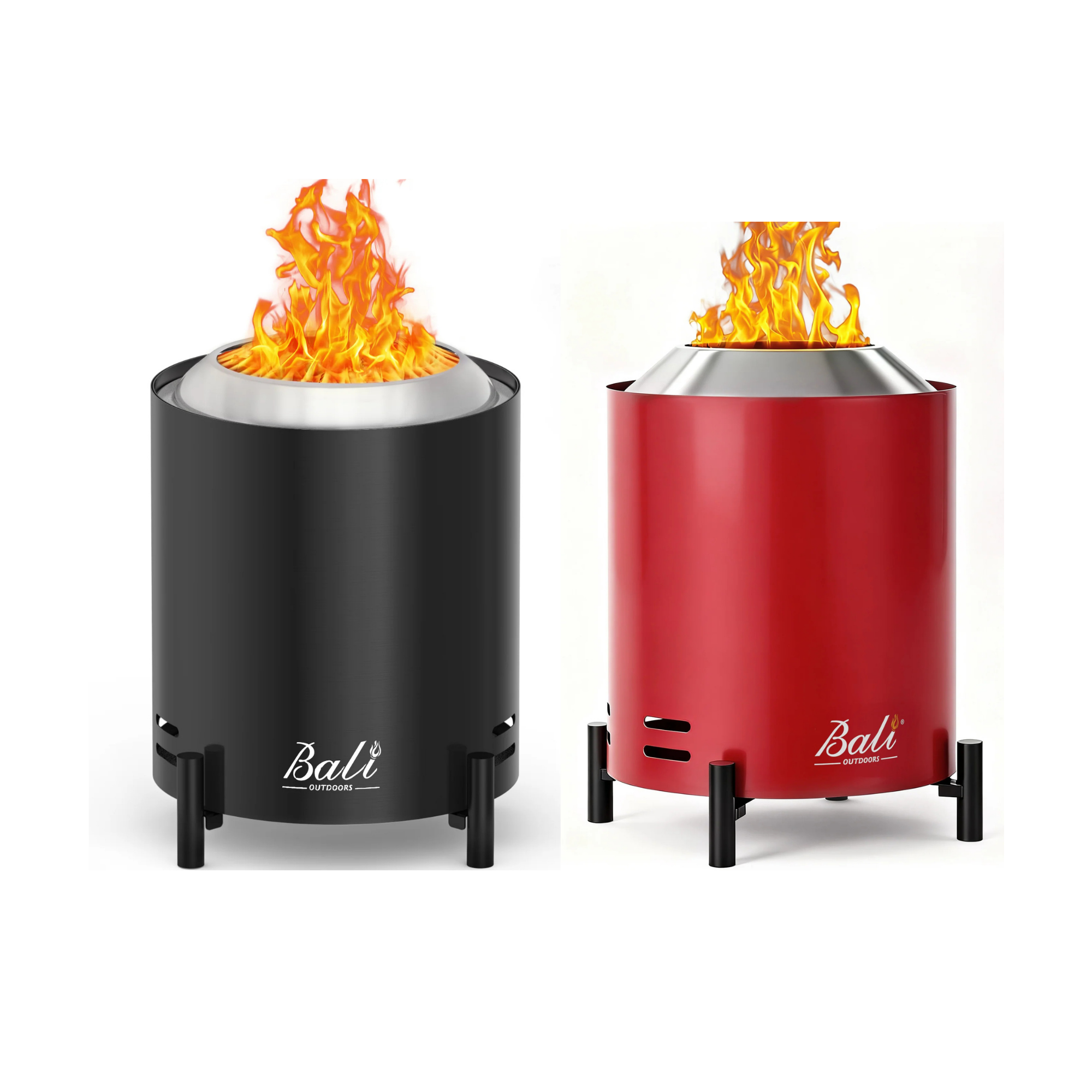 Two 6.5 inch tabletop fire pits, one black and one red, with flames burning. Stainless steel tops and black legs.