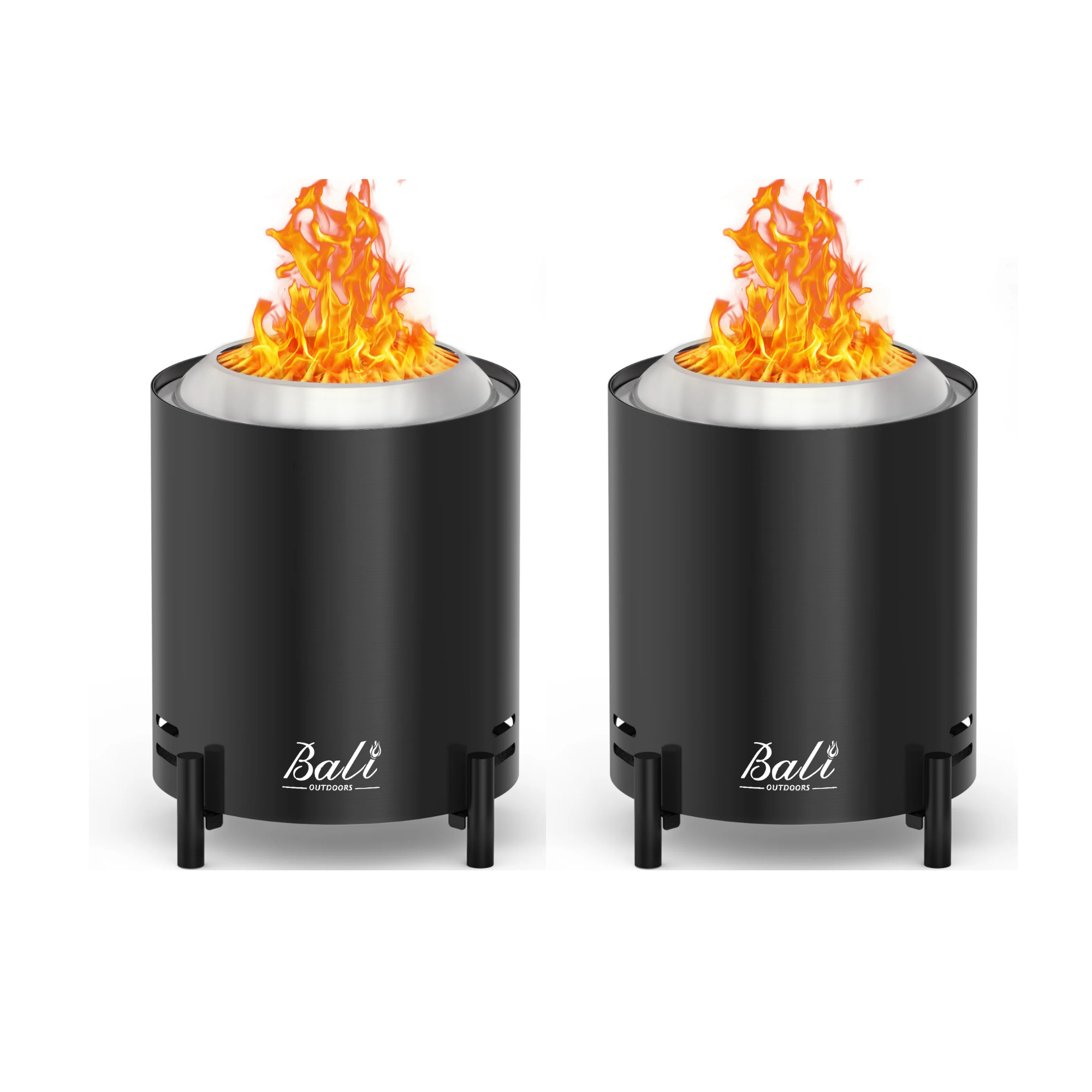 Two black 6.5-inch wood stainless steel tabletop fire pits with flames burning on a white background.