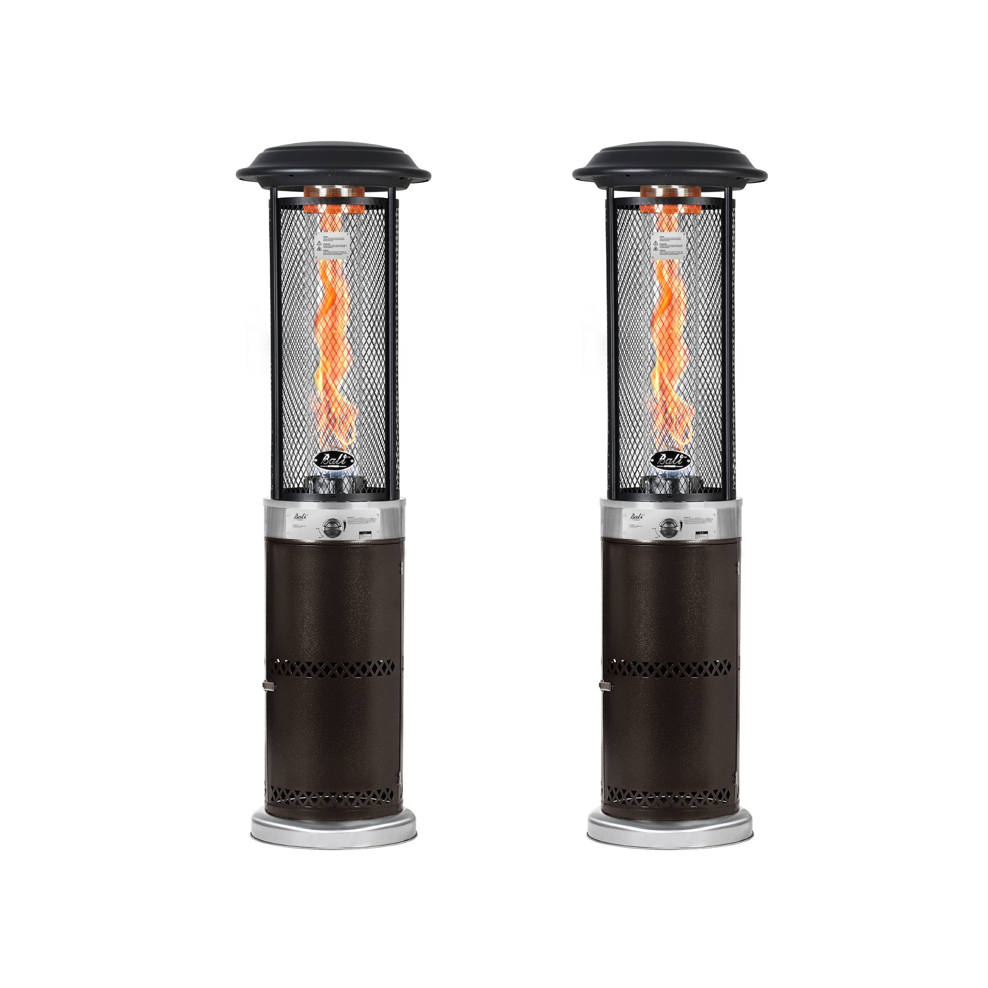 Two dark brown 20-inch patio propane heaters with flames visible through the mesh cage.