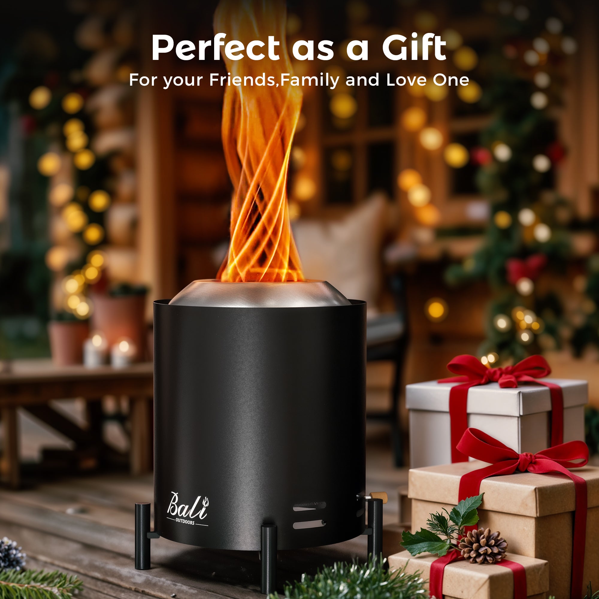 Black 6.5" wood tabletop fire pit with woven flame, ideal holiday gift among Christmas gifts.