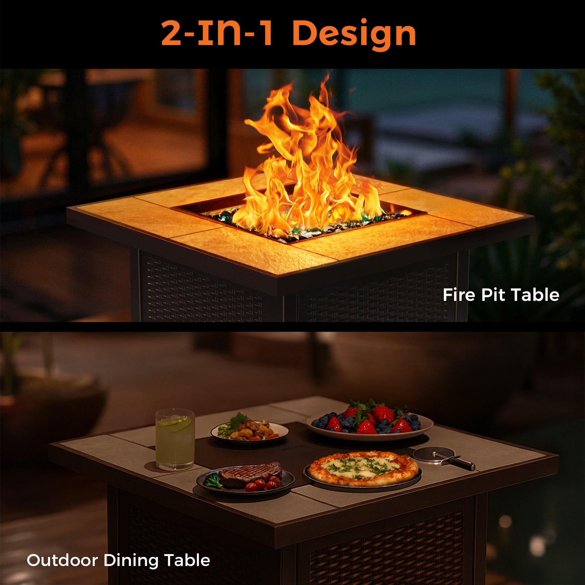 32 inch square propane fire pit table as a dining table with food and as a fire pit with flames and glass rocks.
