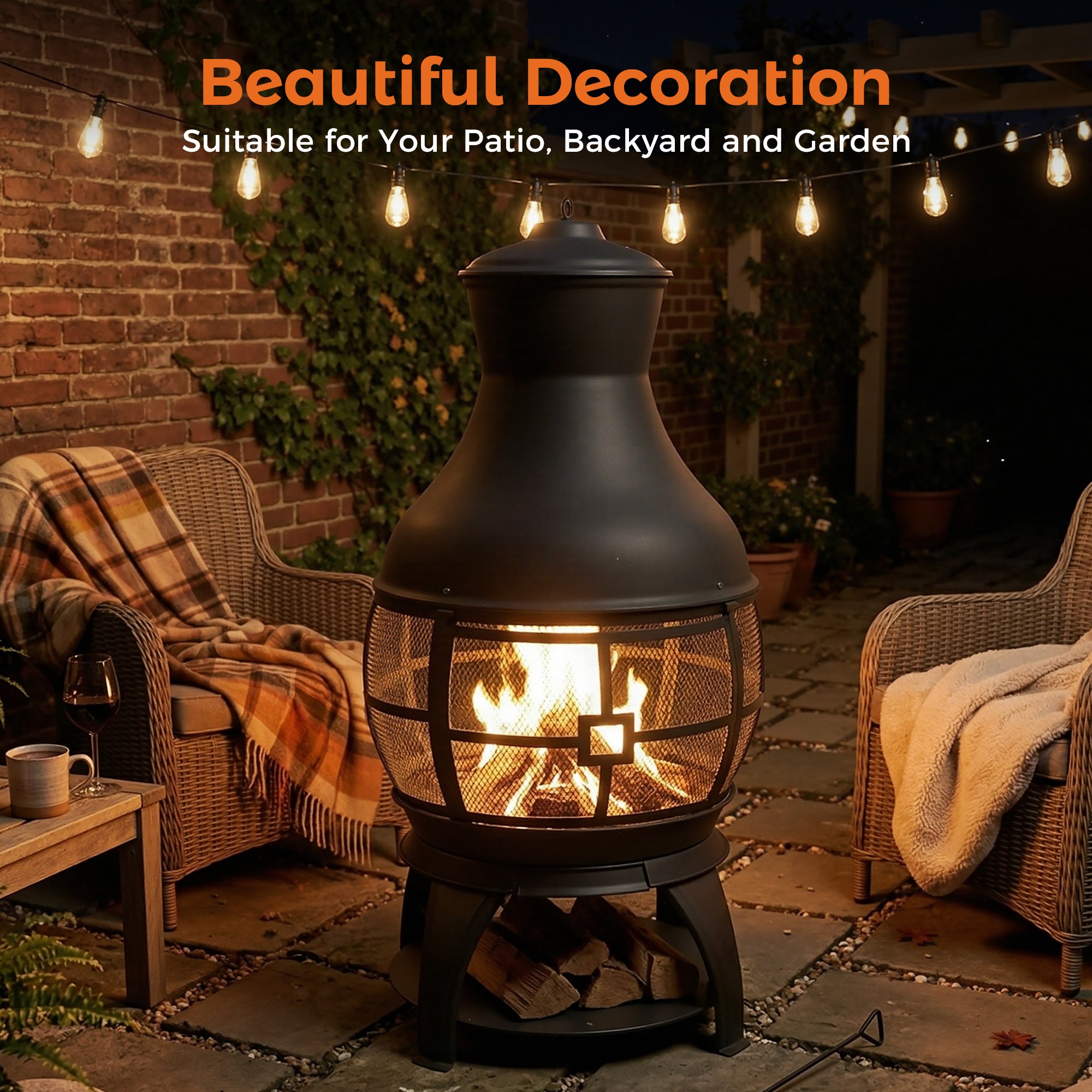 22 Inch Wood Burning Chiminea Fire Pits, Black