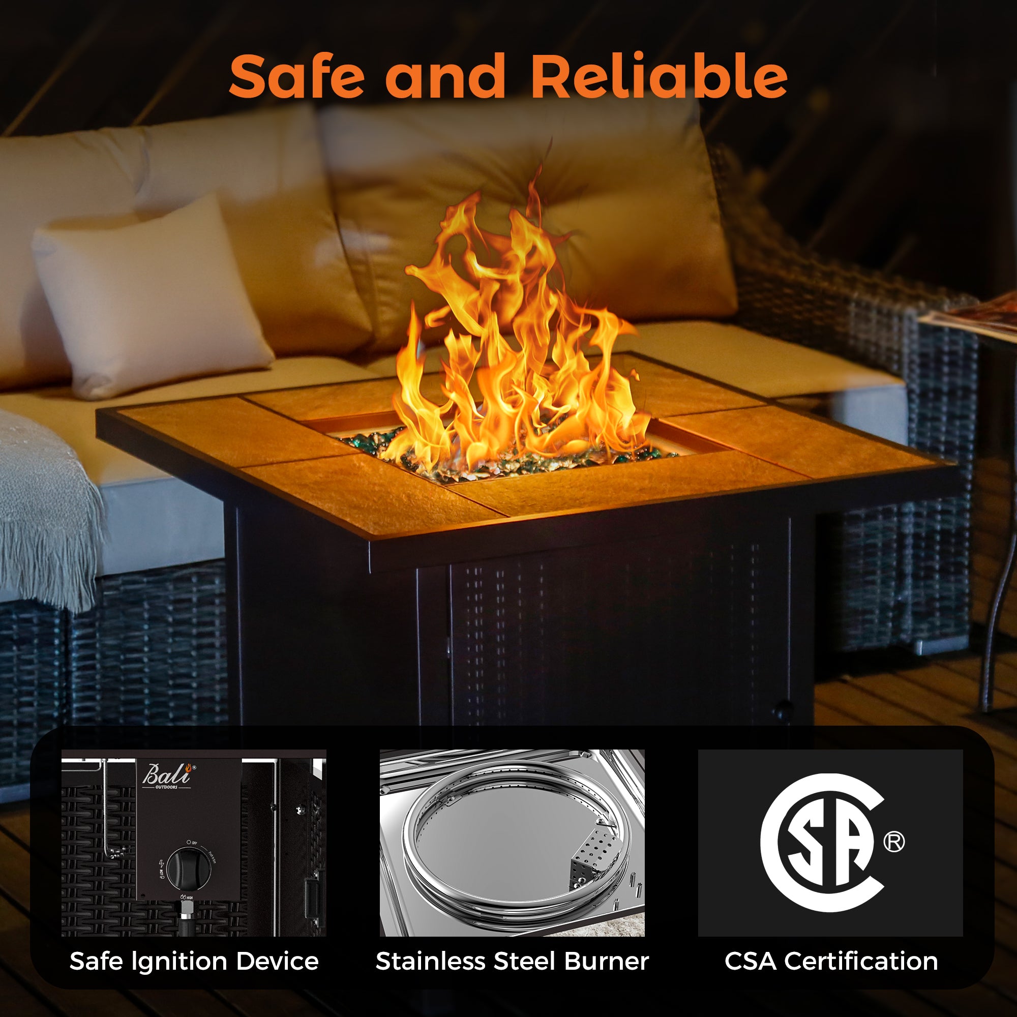 32" brown propane fire pit table with tiled top, flames, ignition, burner, and CSA certification.