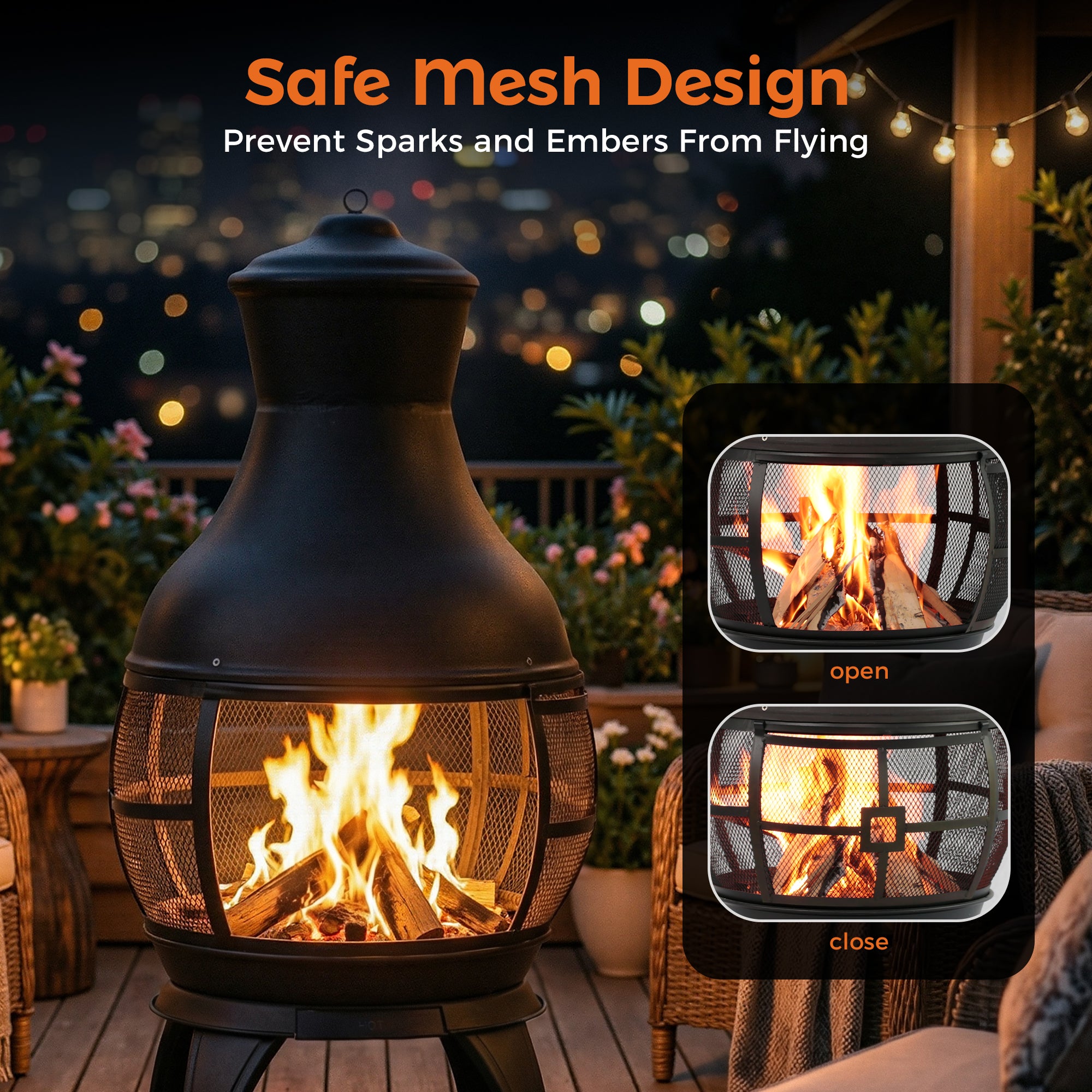 22 Inch Wood Burning Chiminea Fire Pits, Black