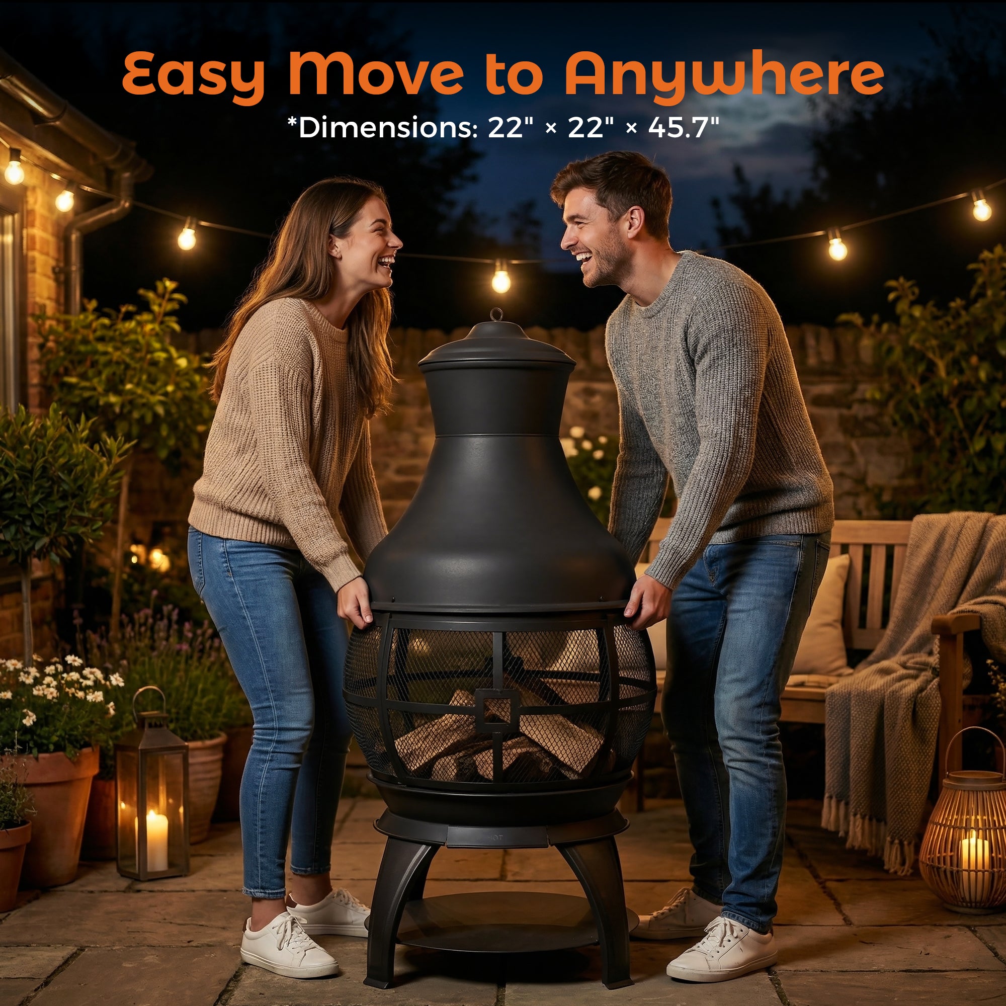 22 Inch Wood Burning Chiminea Fire Pits, Black