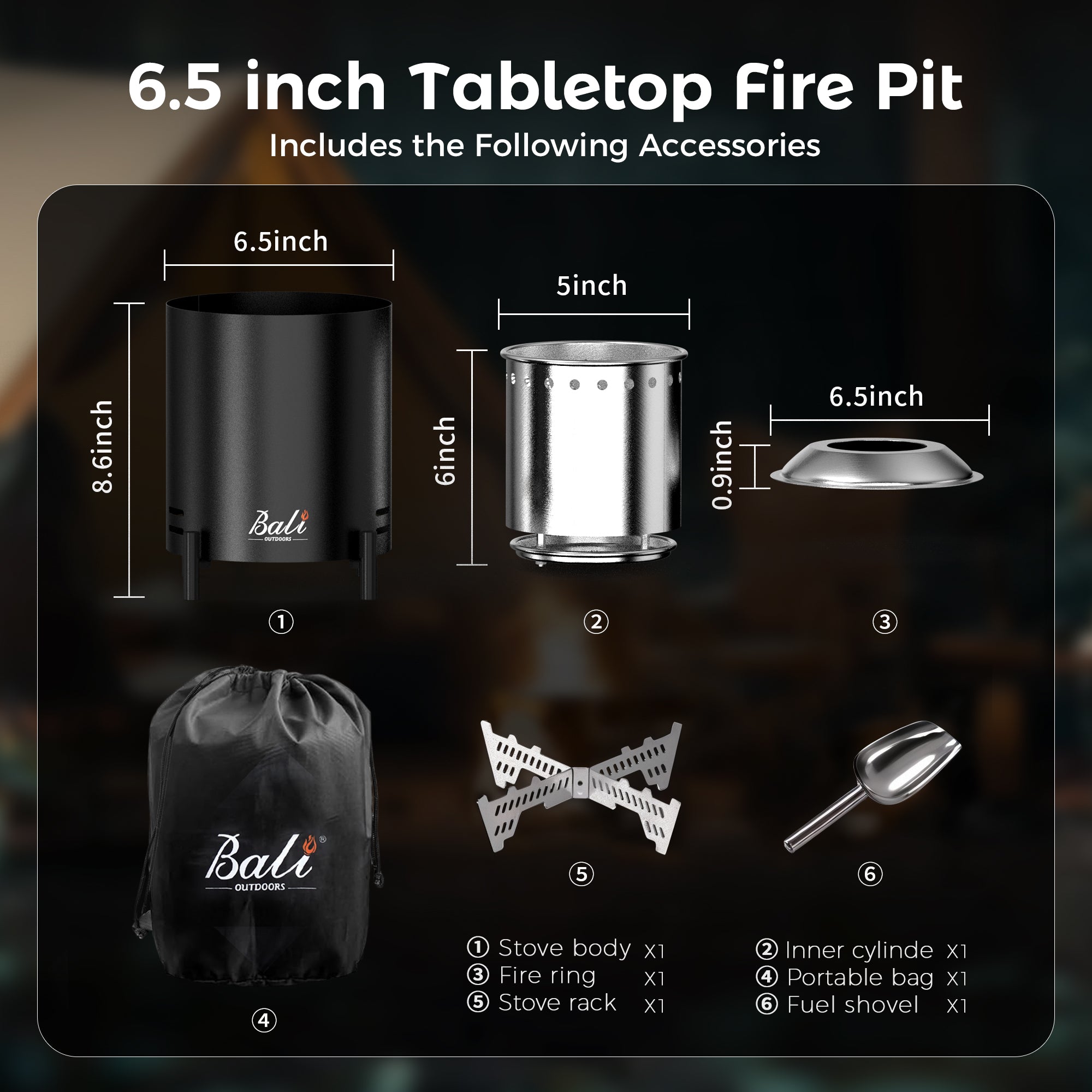 6.5 inch black Bali tabletop fire pit components and dimensions.