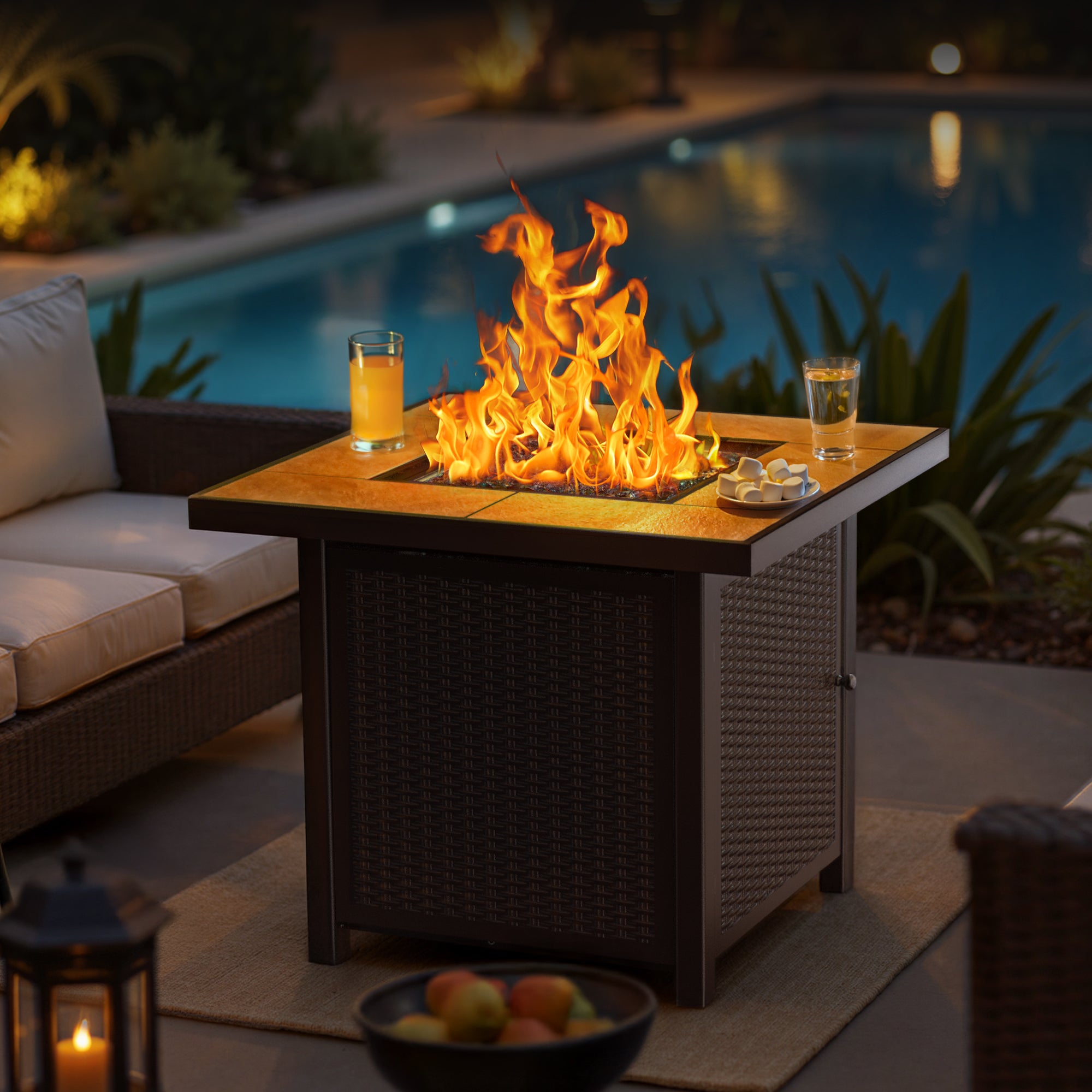 32 inch brown square propane fire pit table, tiled top, woven sides, flames, glass stones, outdoor setting.