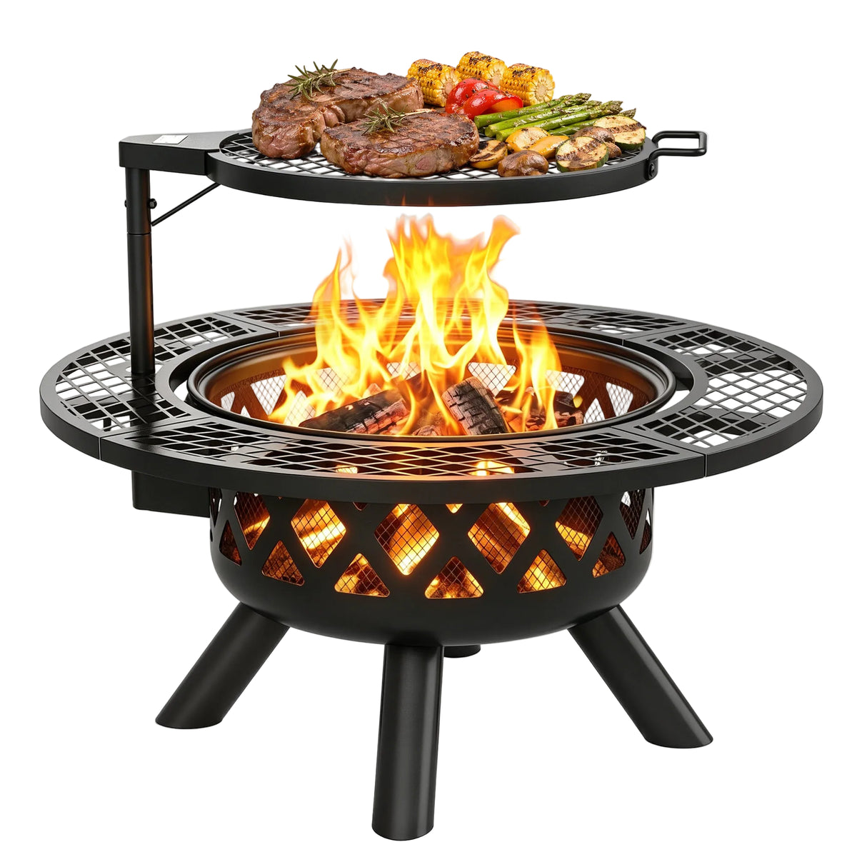 Black fire pit with grill top displaying cooked meats, vegetables, and flames on a white background