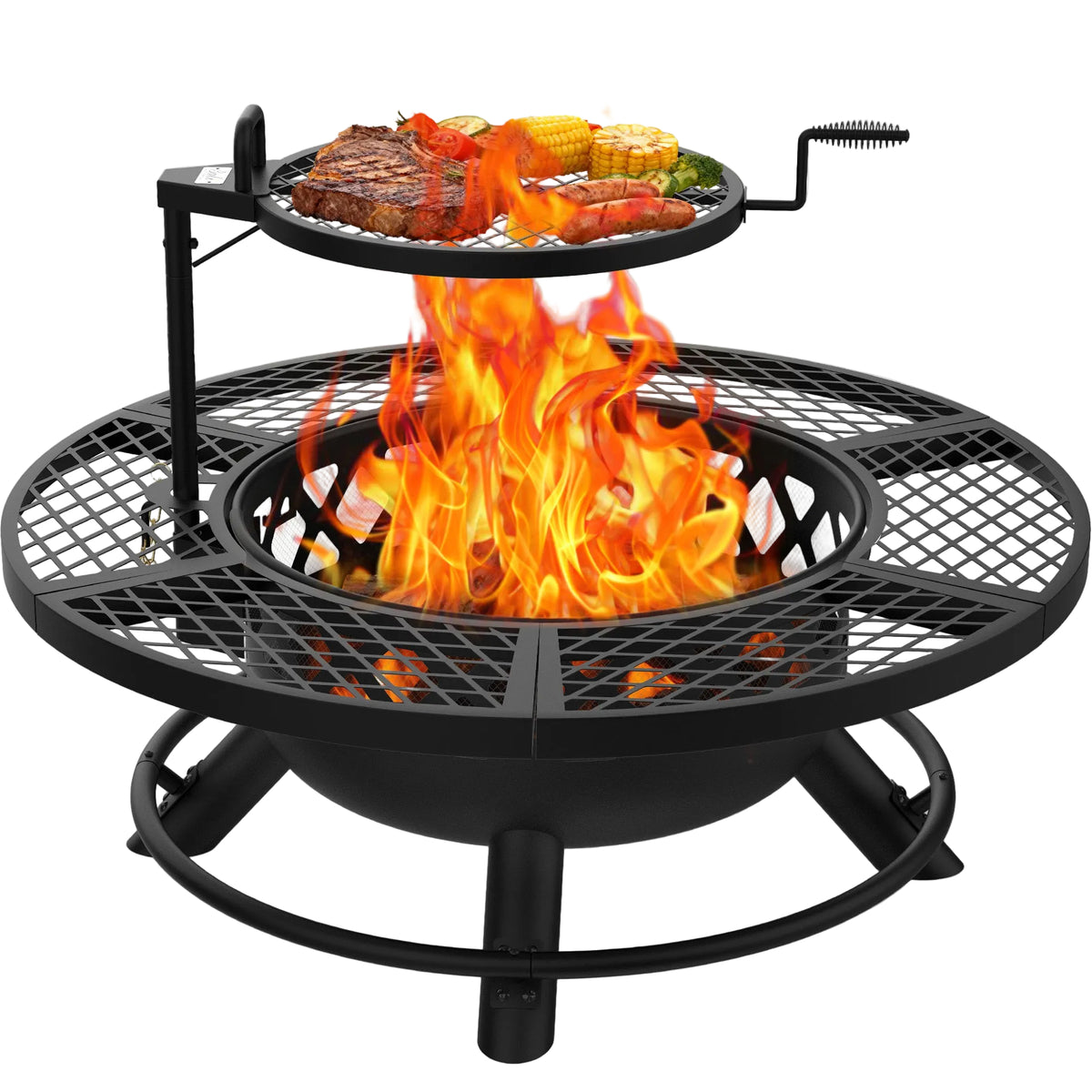 40-inch Bali Outdoors wood burning fire pit with grill rack cooking steak, sausages, and corn over a large flame.