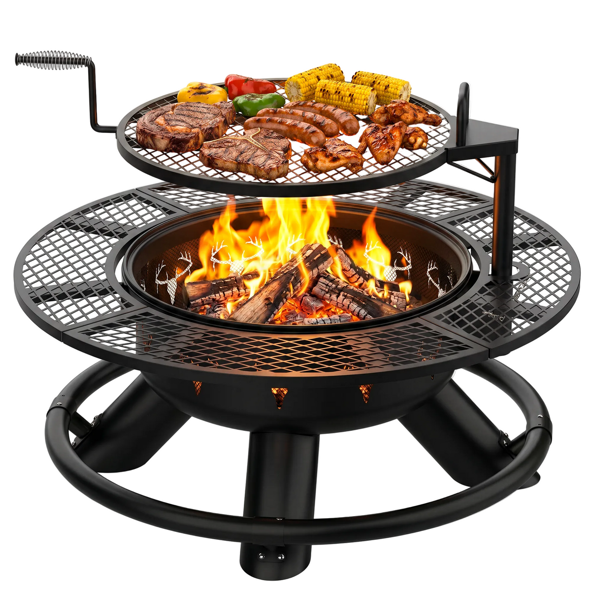 Black three-tiered grill with flames and cooked food on a white background