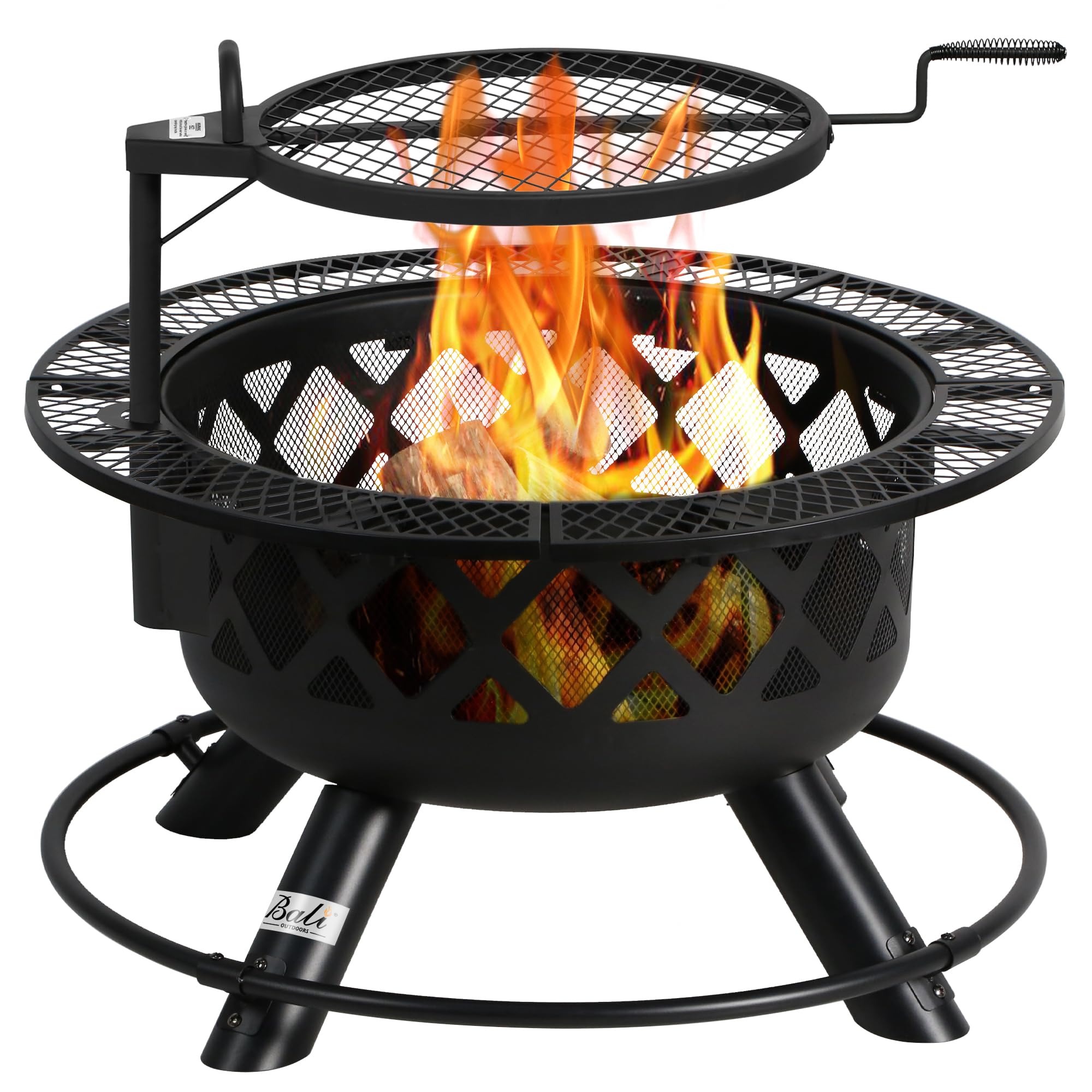 32 inch black outdoor wood fire pit with rotatable grill grate over burning logs and flames, diamond cutouts for airflow.