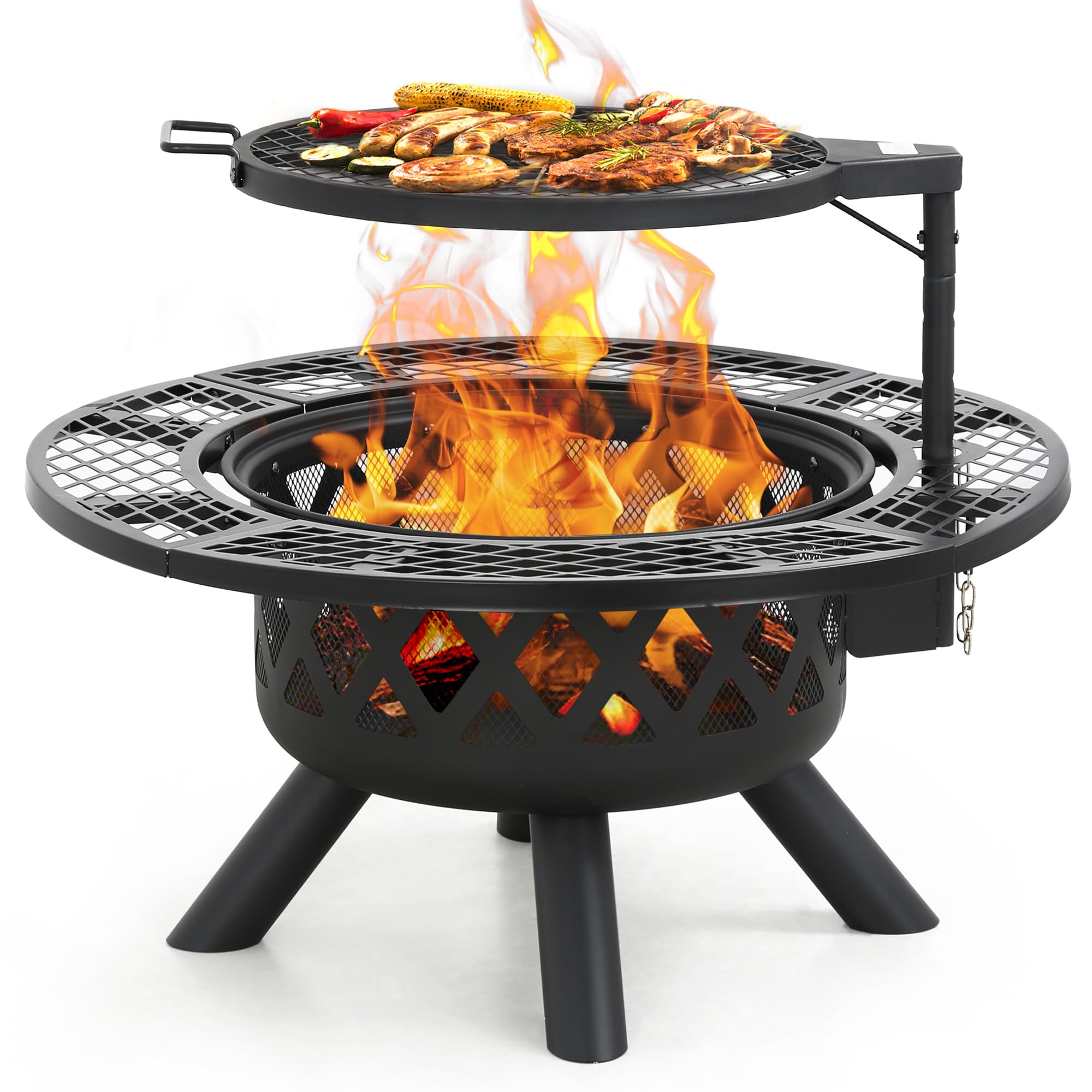 32 inch black wood fire pit with grill cooking steaks, sausages, corn and vegetables over flames.