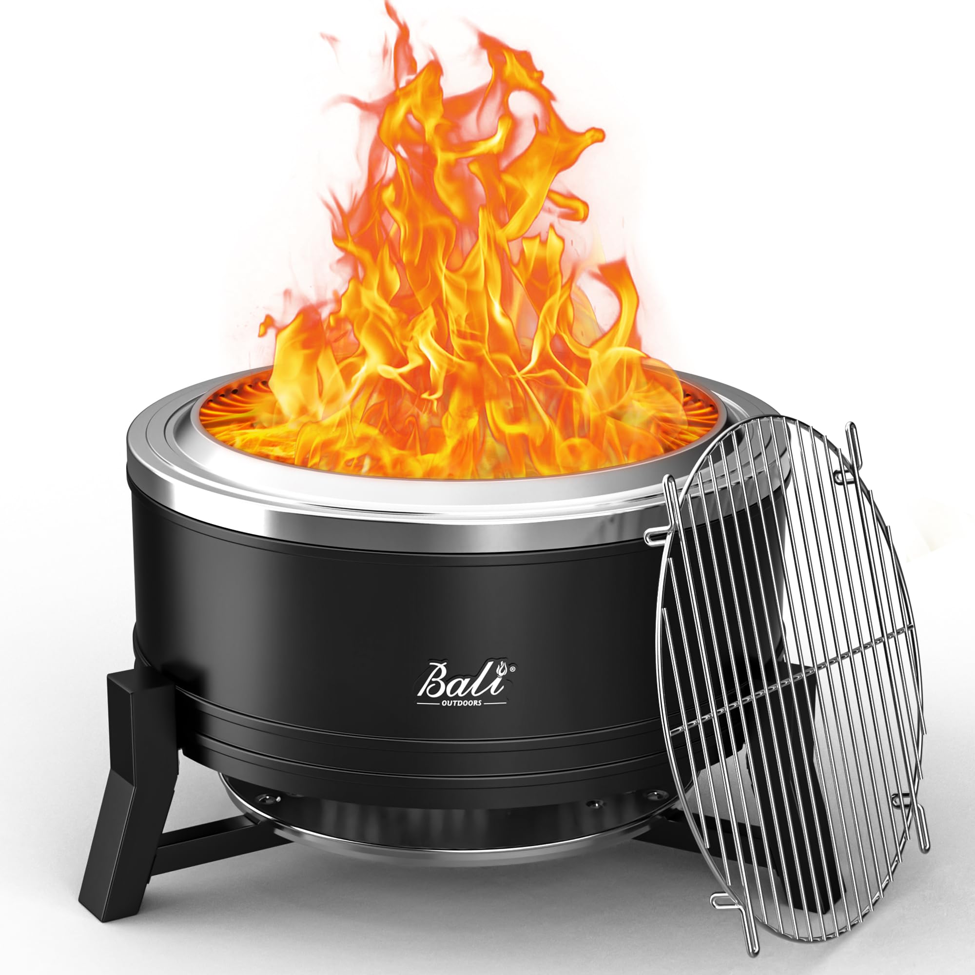 Black 22-inch smokeless wood firepit with grill grate and bright flames on white background.