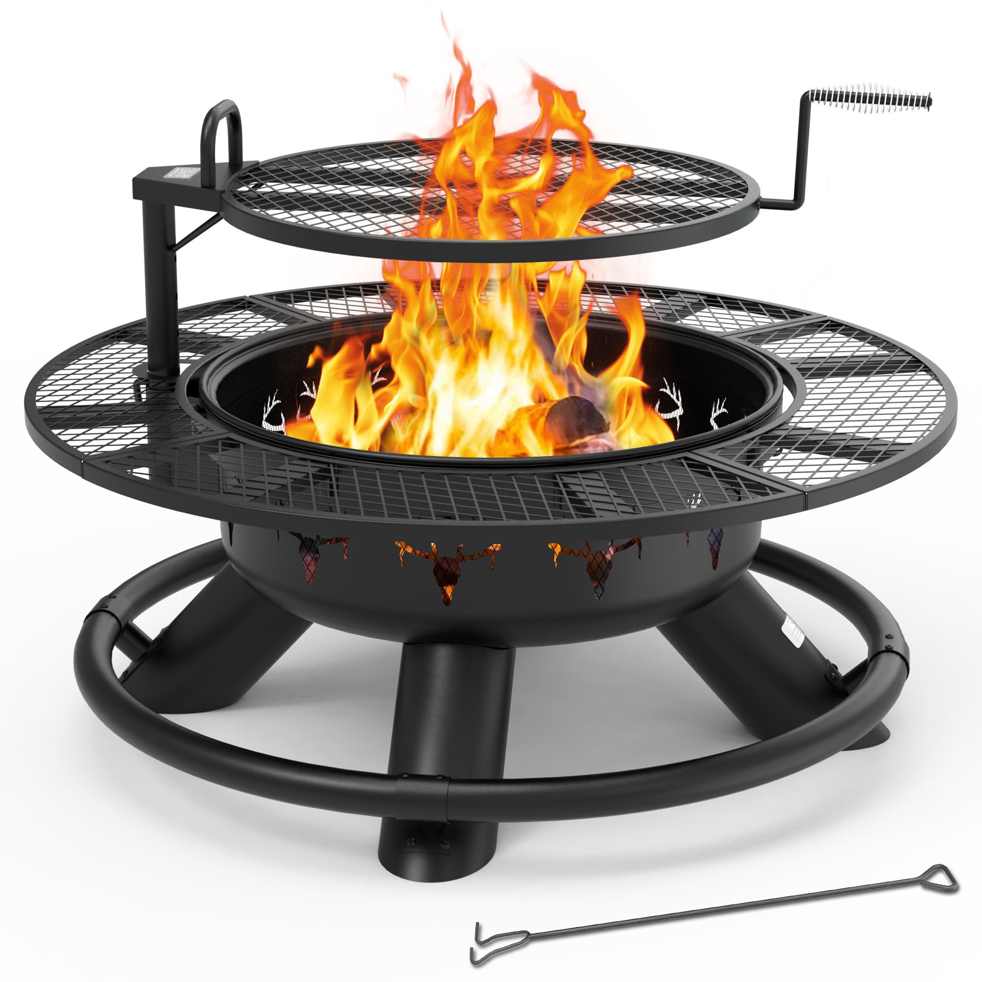 47 inch wood fire pit, black, with active flames, adjustable grill and deer head cutouts on patio. Includes fire poker.
