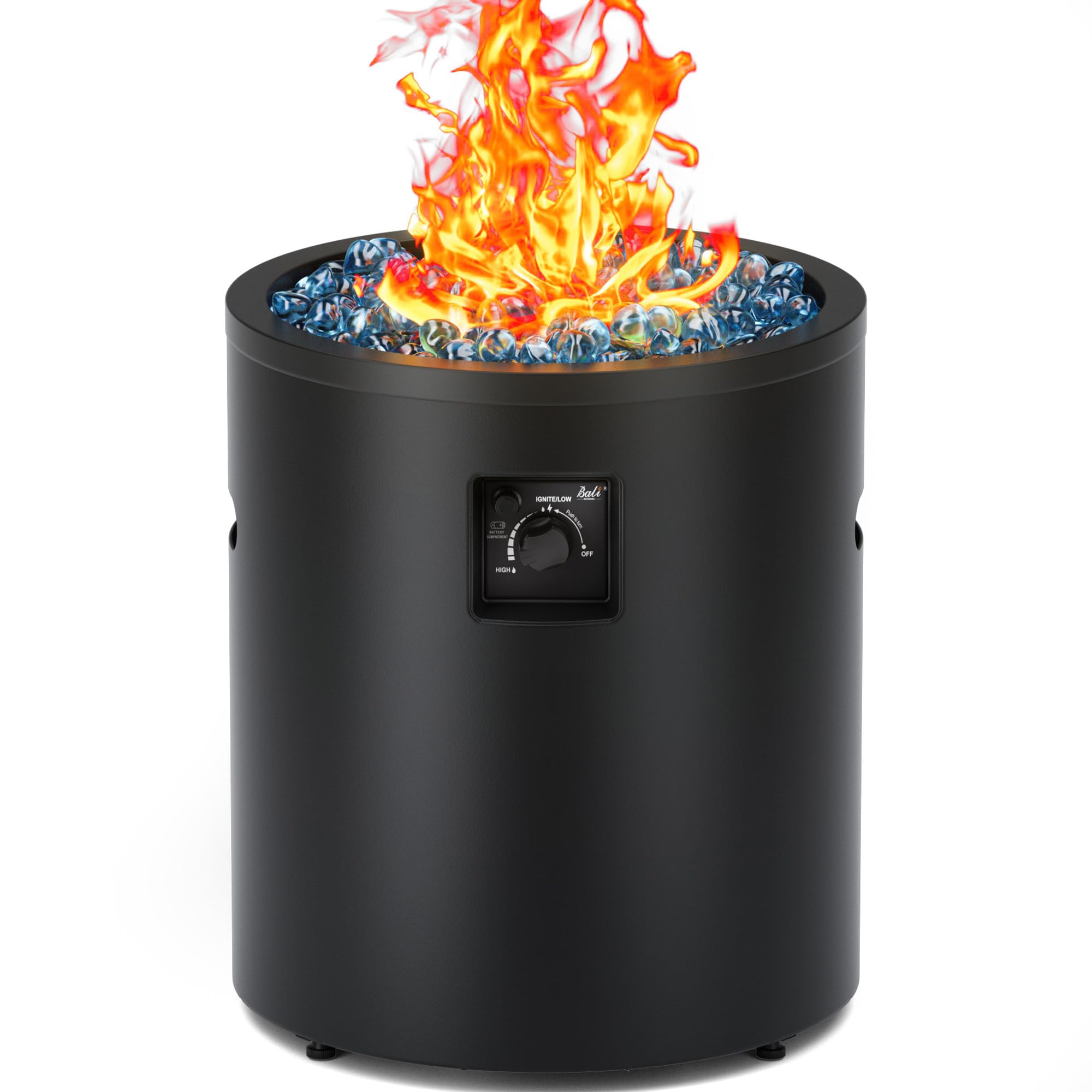 Black 23 inch propane fire pit with blue fire glass and adjustable flames, perfect for patios.