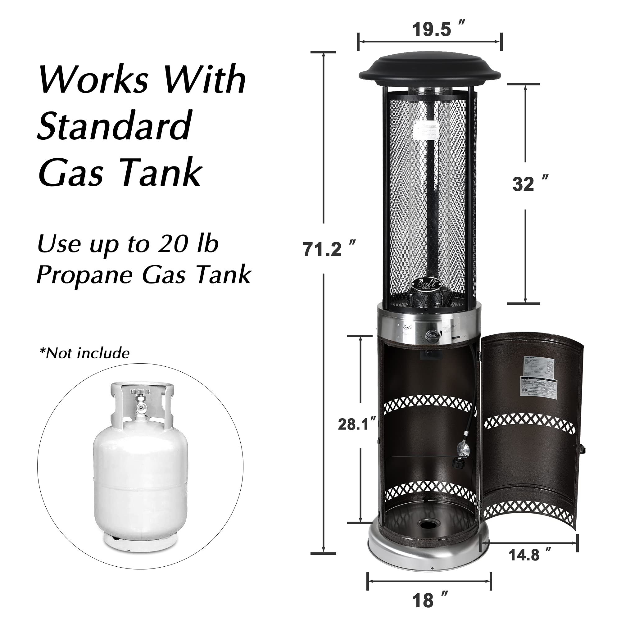 Dark brown 20-inch propane patio heater with dimensions shown and a 20 lb propane tank.