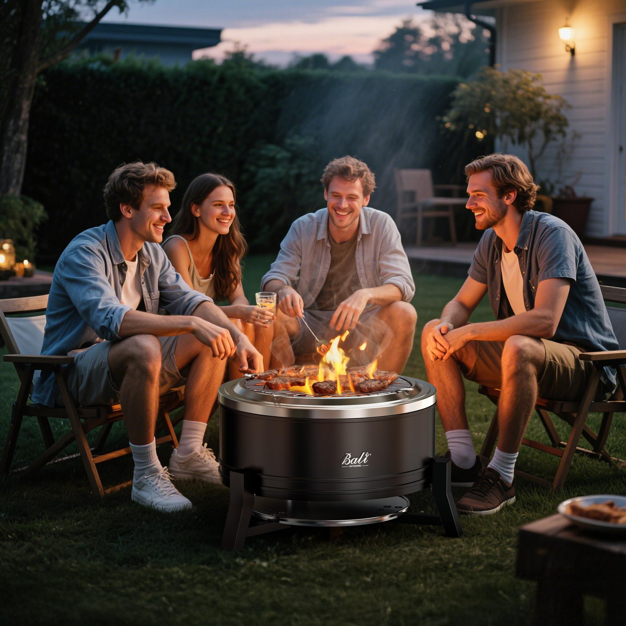 BALI OUTDOORS 22 inch black smokeless firepit with grill grate, friends enjoying outdoor evening in backyard.