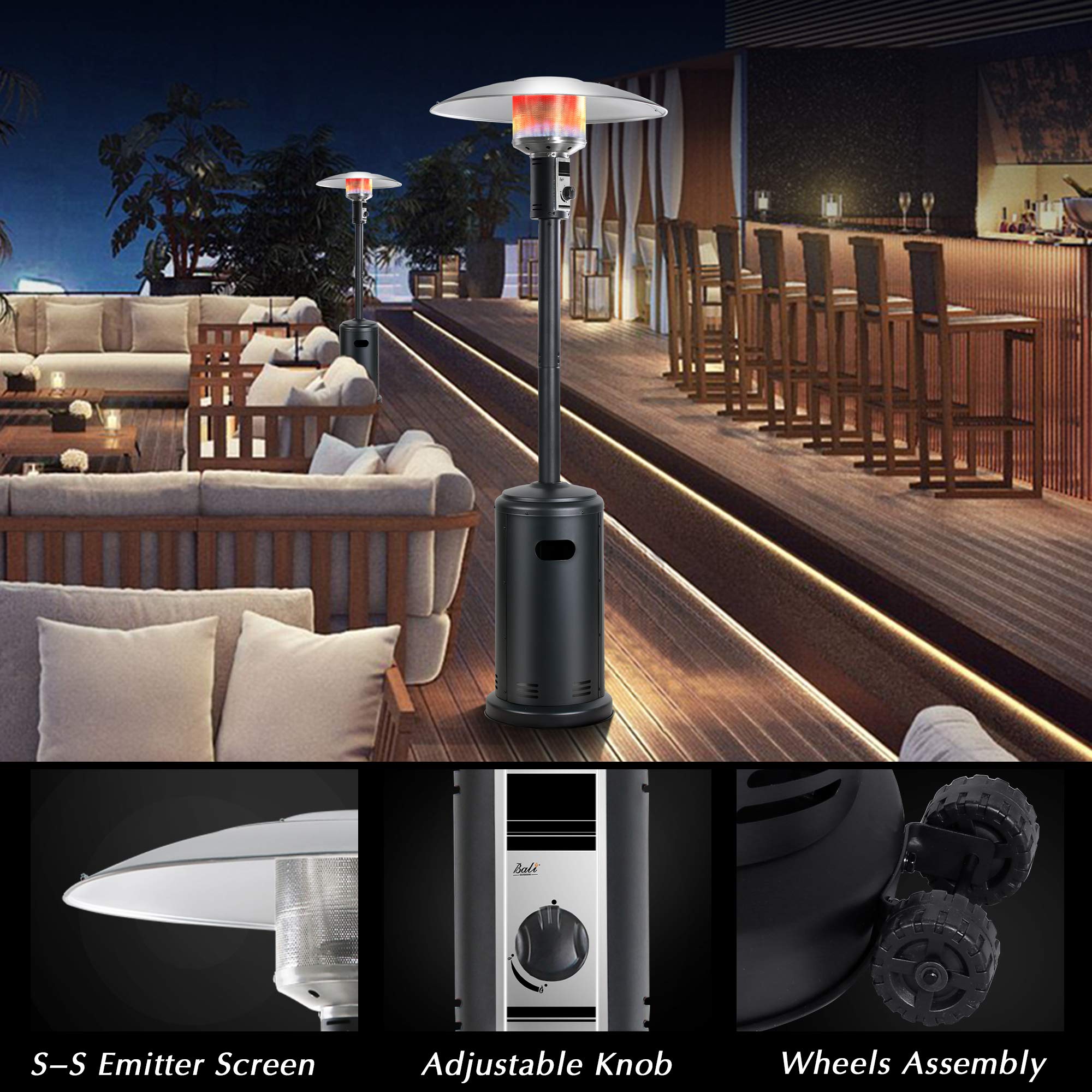Black 32 inch propane patio heater with flames, stainless steel emitter screen, adjustable knob, and wheels.