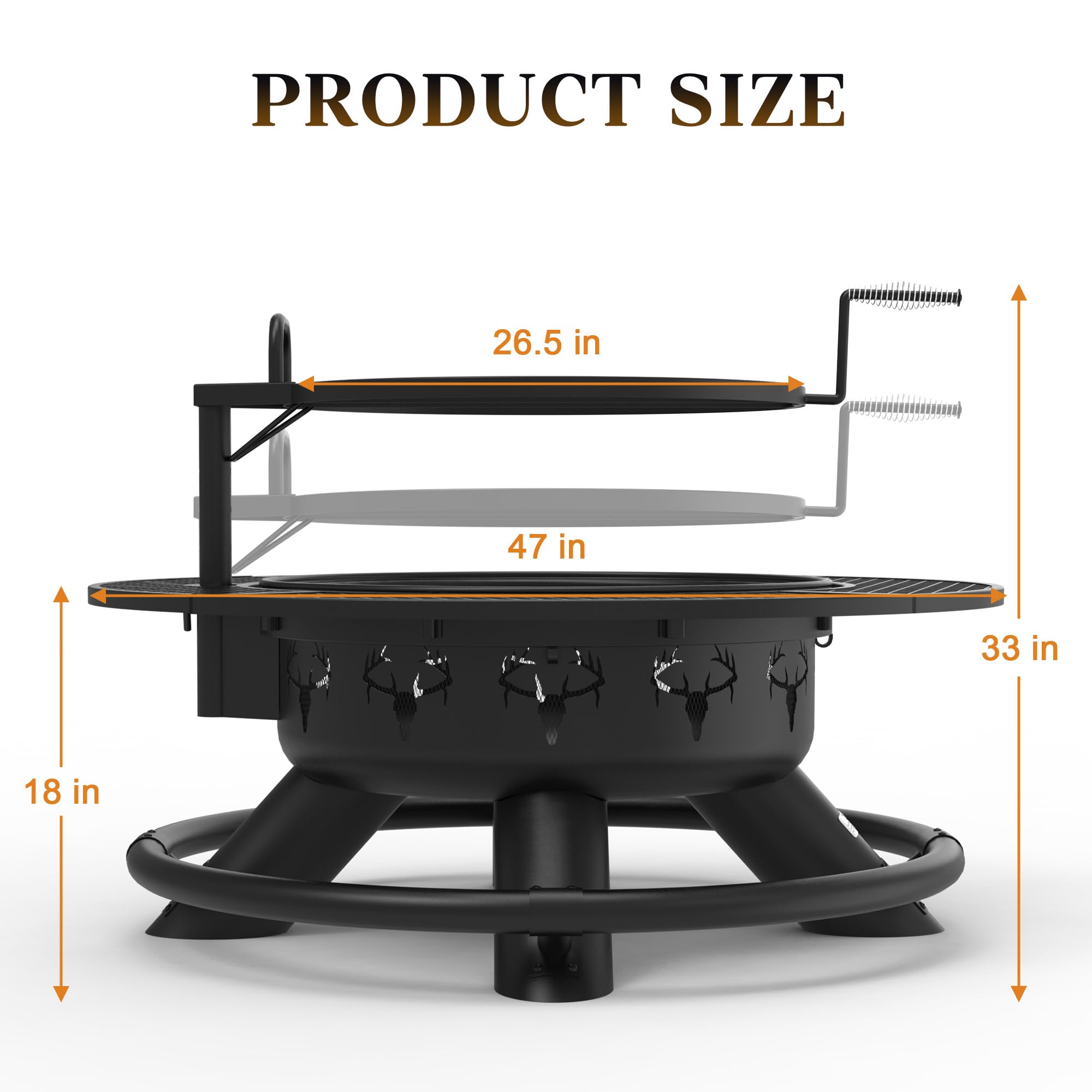 47 inch black wood fire pit dimensions: 33" H x 47" W, 26.5" grill grate, deer cutouts.