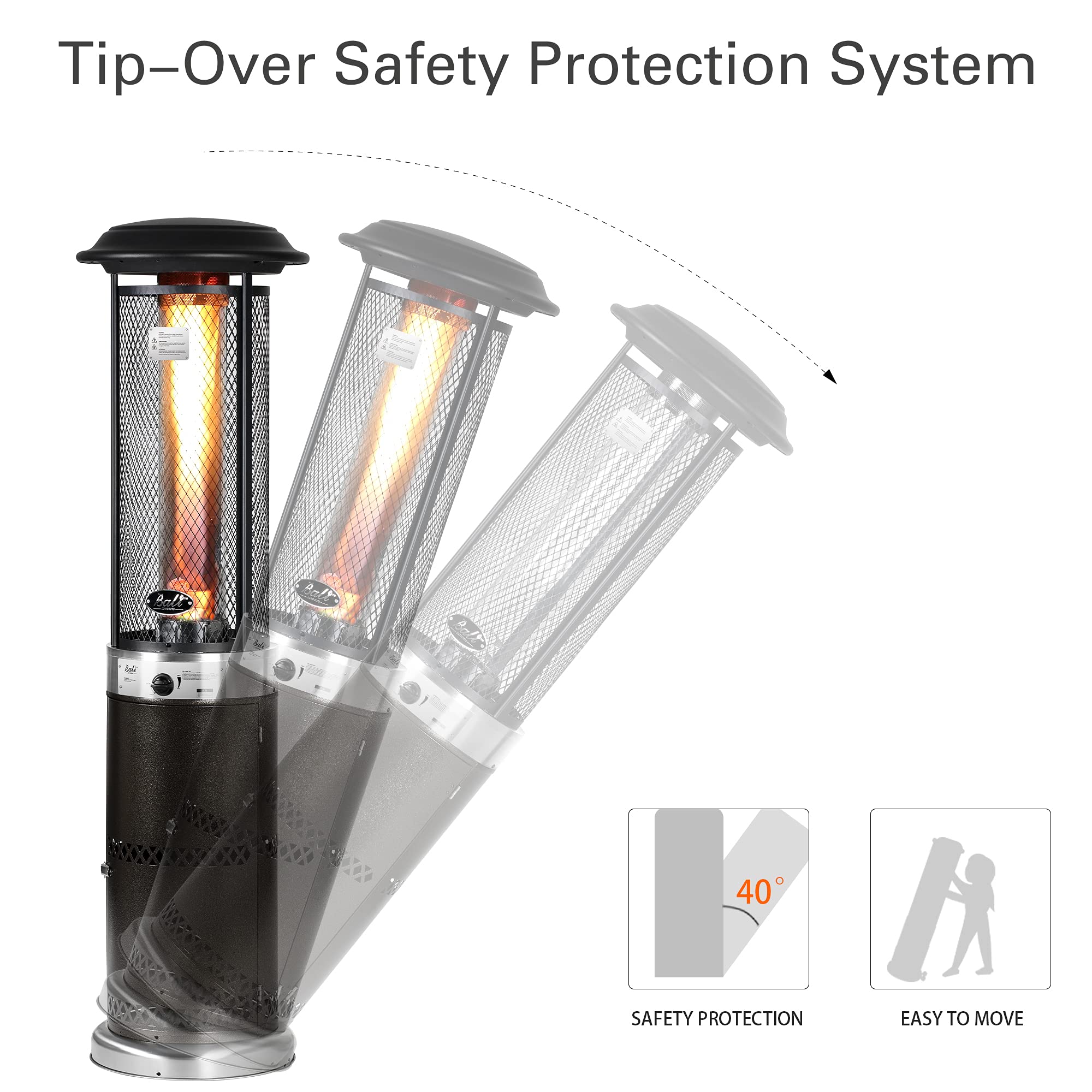 20 inch propane patio heater with tip-over safety system and easy-to-move wheels in dark brown.