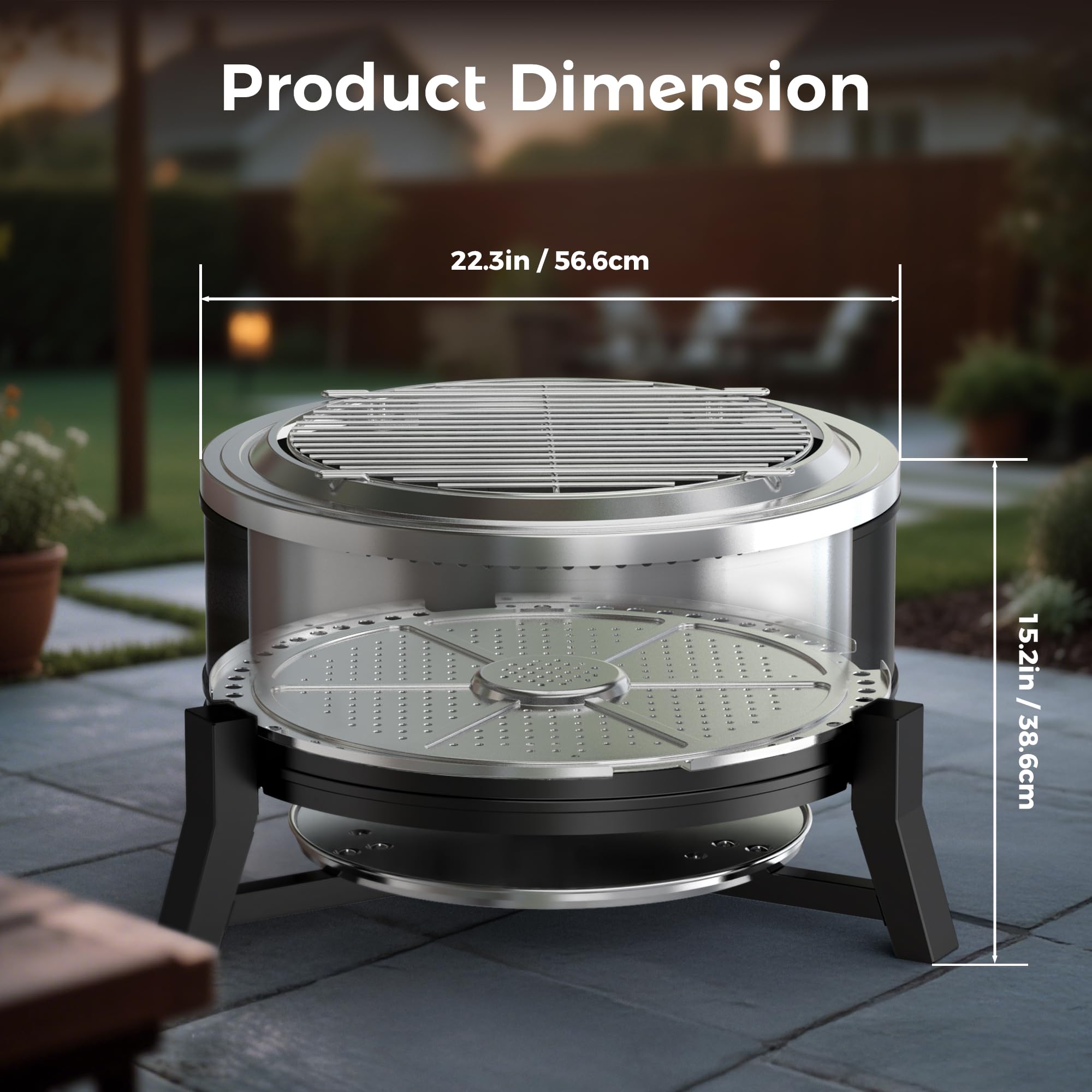22 inch BALI OUTDOORS smokeless wood firepit on patio, showing 22.3in diameter and 15.2in height dimensions.