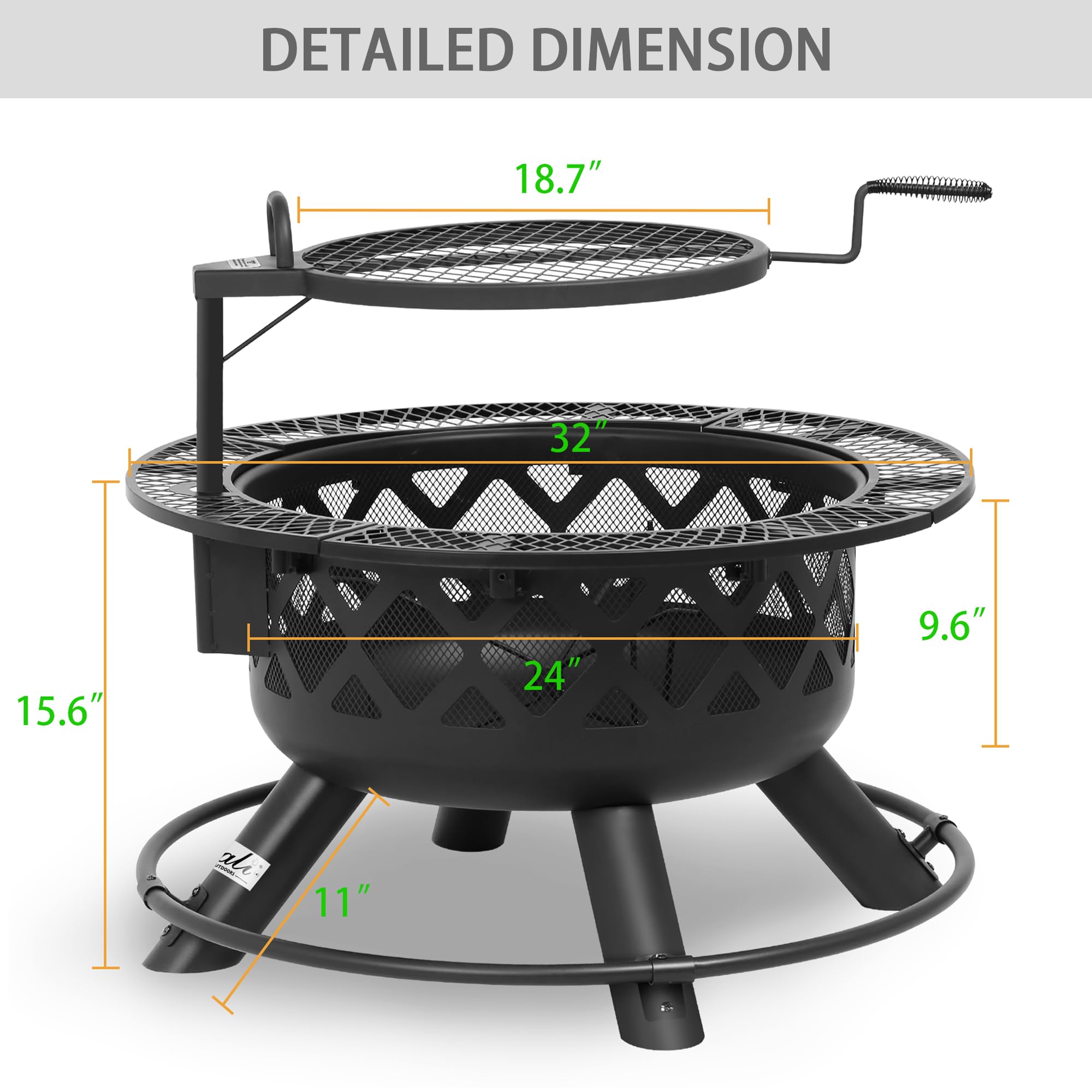 32 inch black outdoor wood fire pit dimensions: 32" outer, 24" inner diameter, 15.6" height, 18.7" grill grate.
