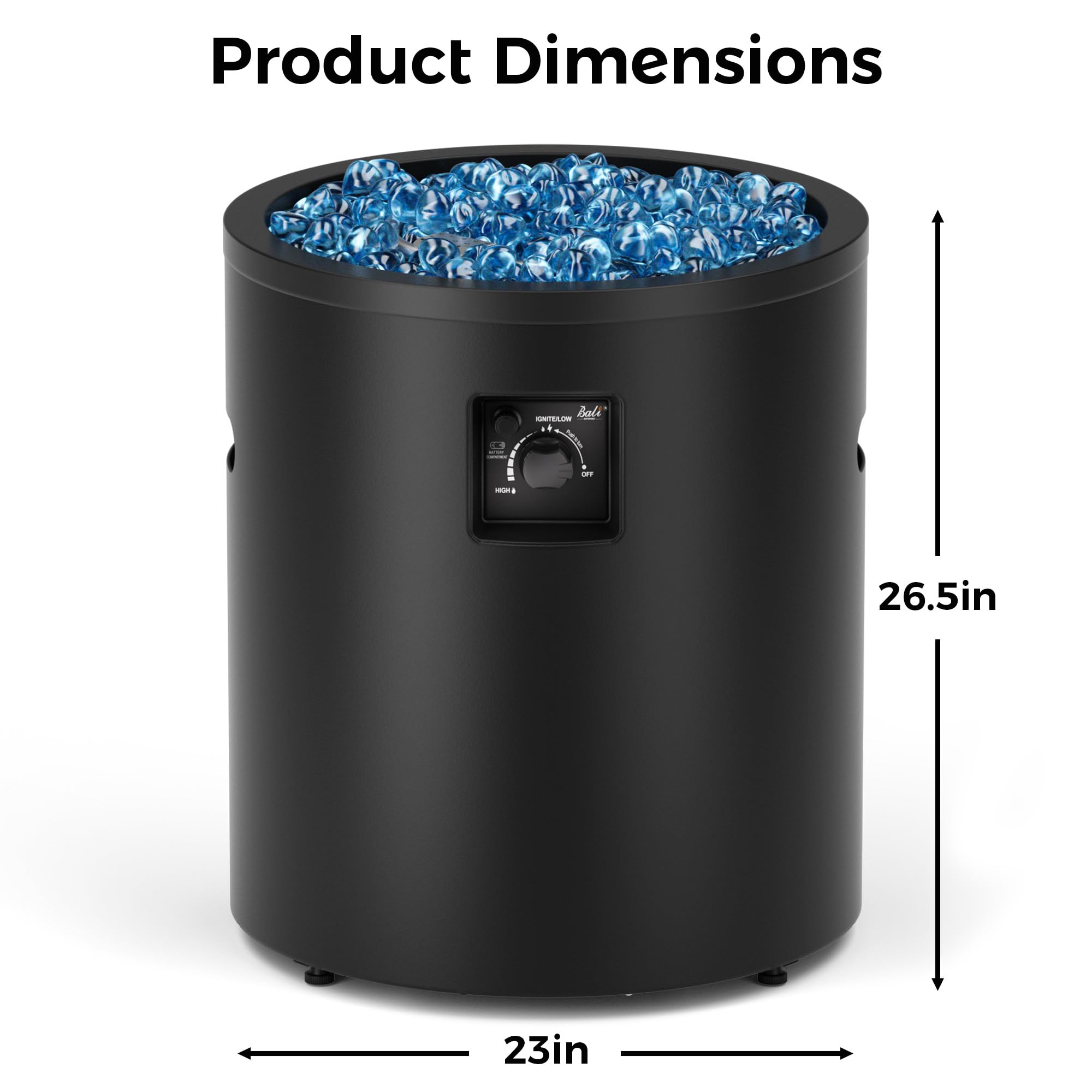 23 inch wide x 26.5 inch high black propane fire pit with blue fire glass and control panel, showcasing product dimensions.