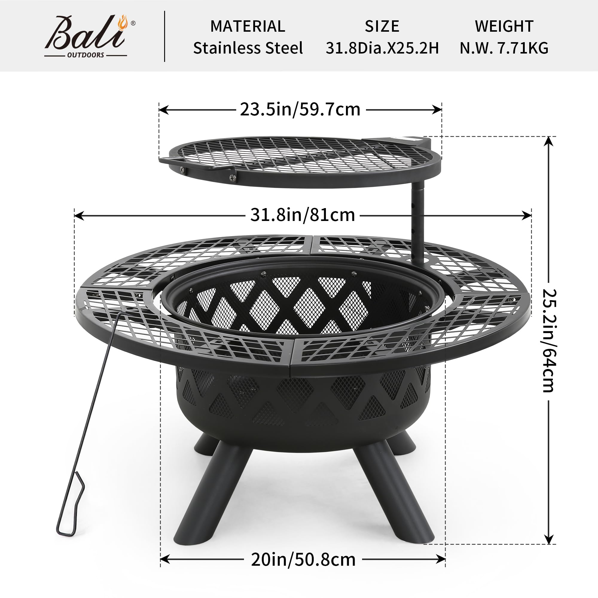 32-inch black wood fire pit with grill grate and dimensions shown
