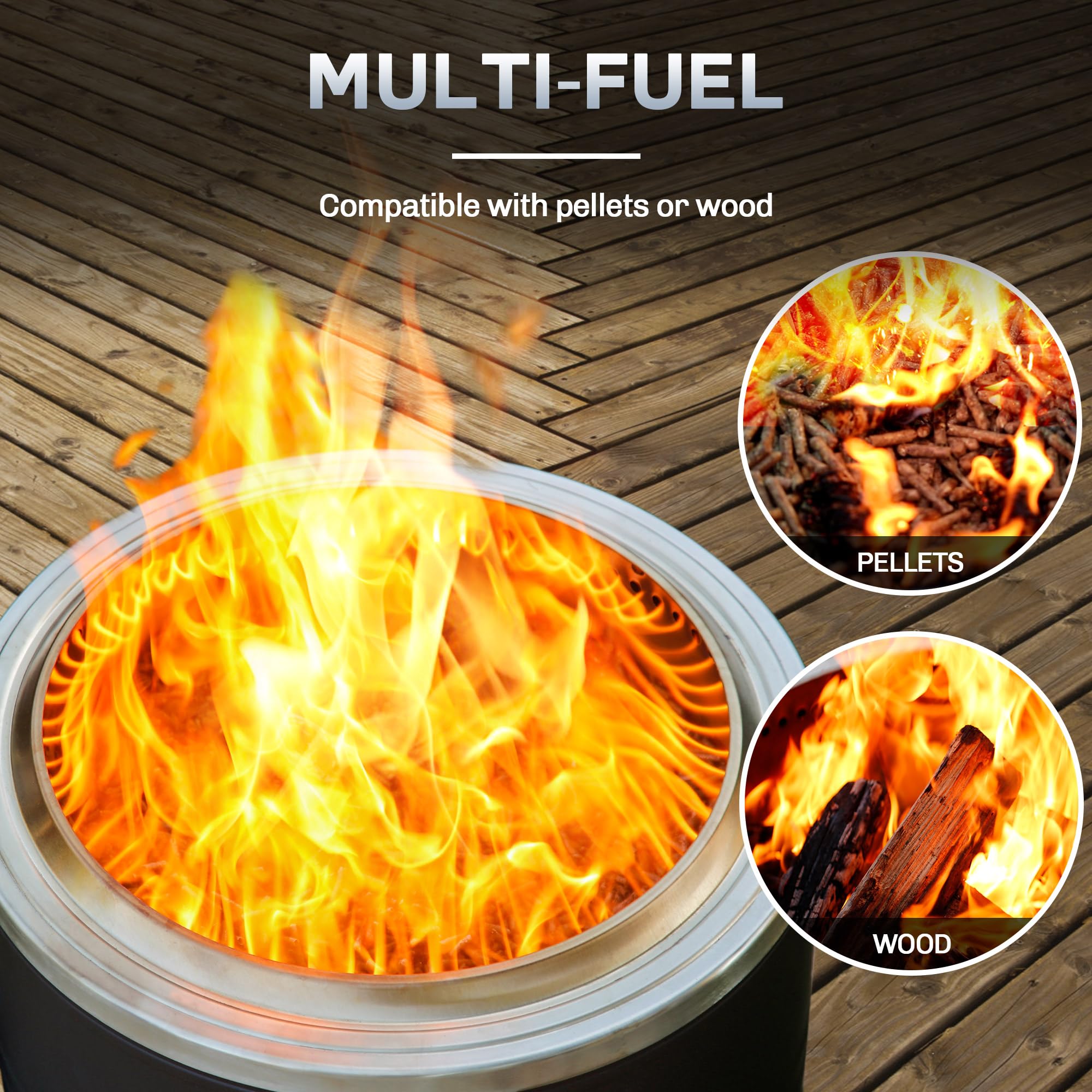 22 inch black smokeless fire pit burning pellets or wood on a deck, showing multi-fuel capability.