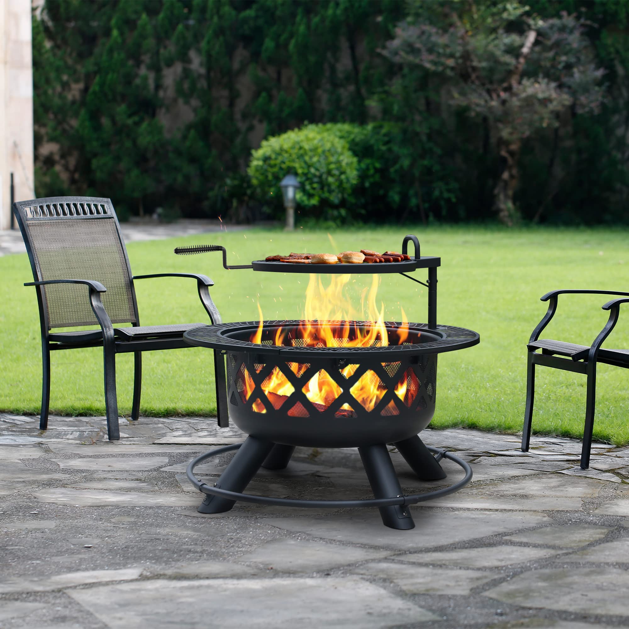 32 inch black outdoor wood fire pit with diamond cutouts, rotatable grill cooking sausages and burgers over flames.