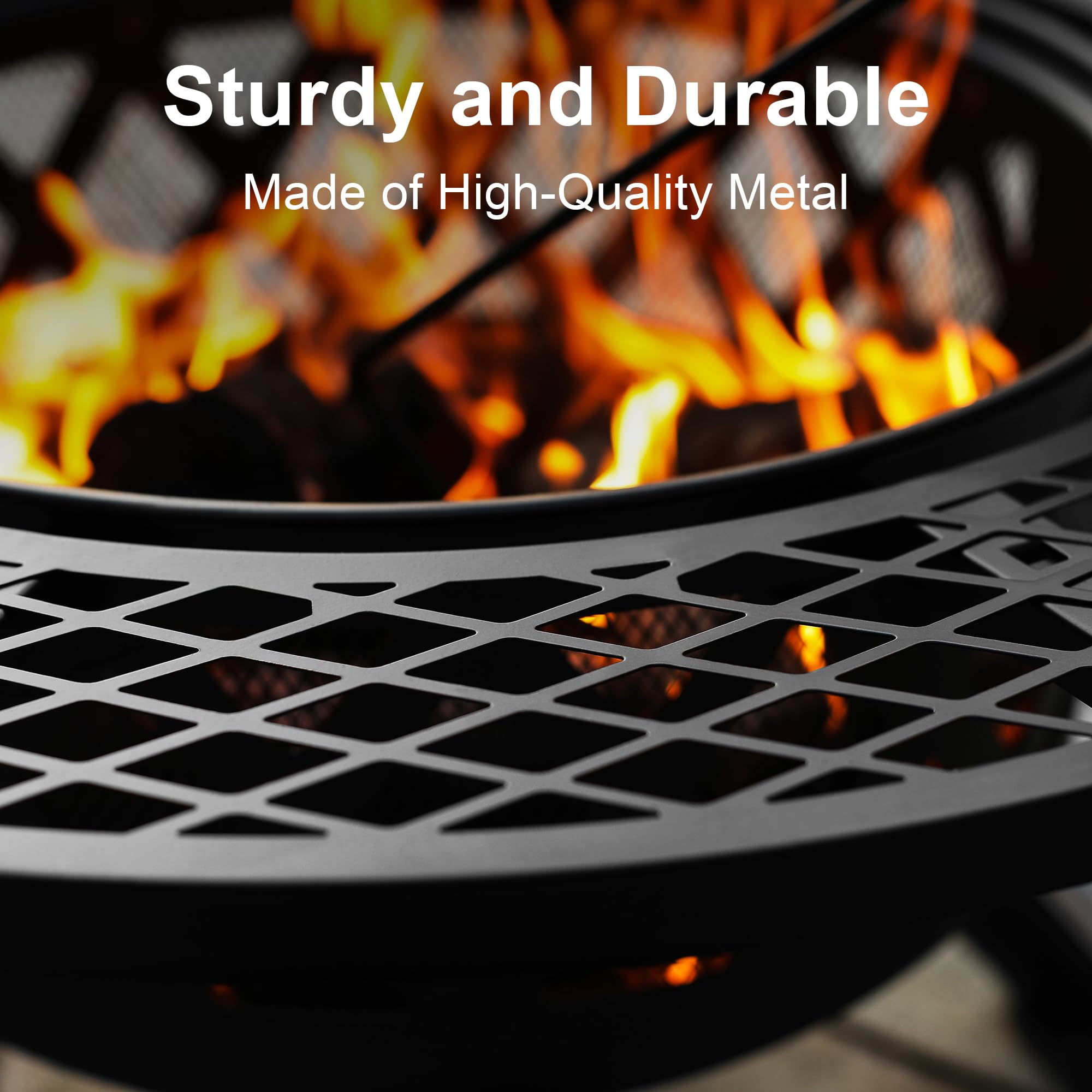 Close-up of a durable, black metal 32 inch wood fire pit with diamond lattice design, showing burning logs and flames.