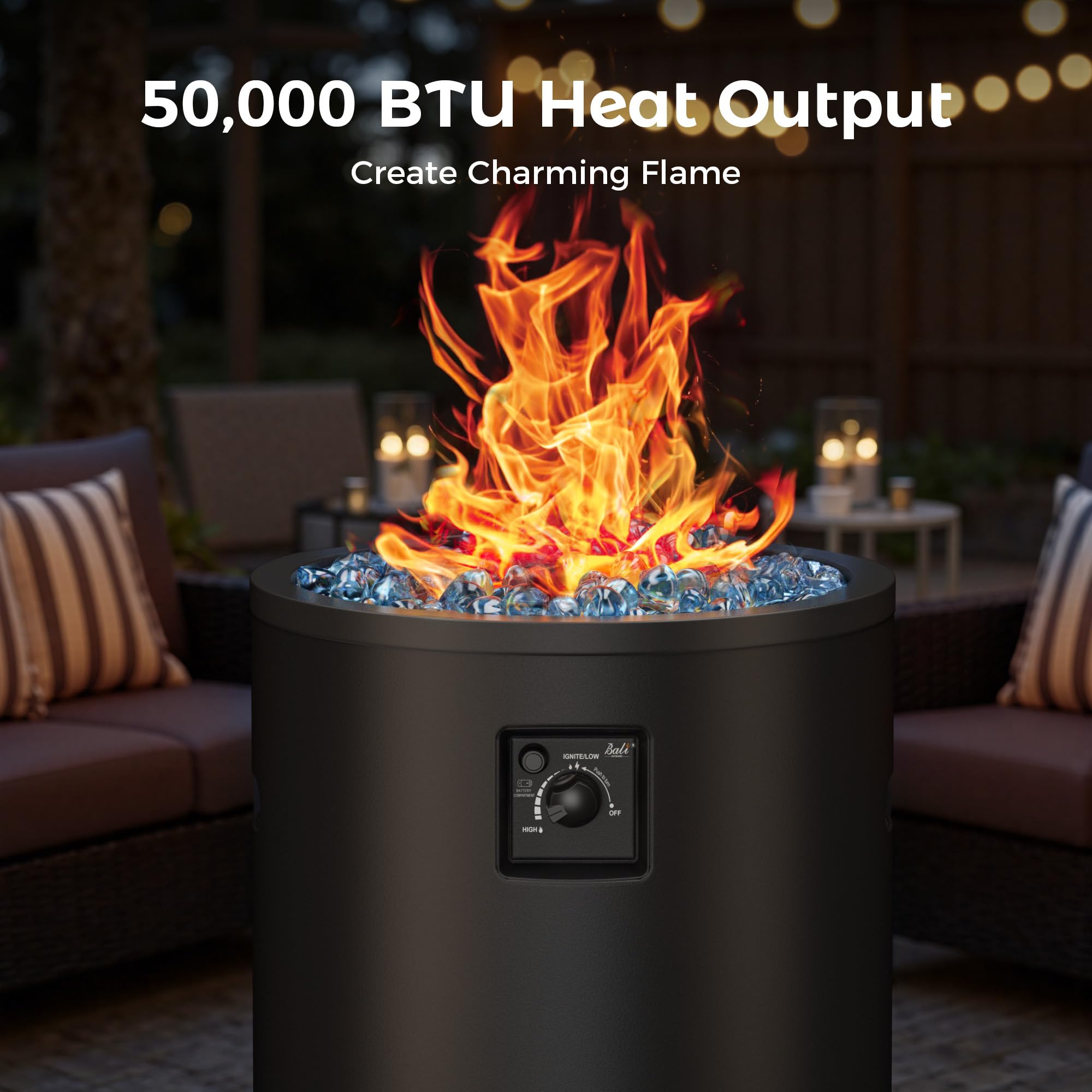 Black propane fire pit with 50,000 BTU heat output and blue fire glass, creating charming flames on a patio setting.