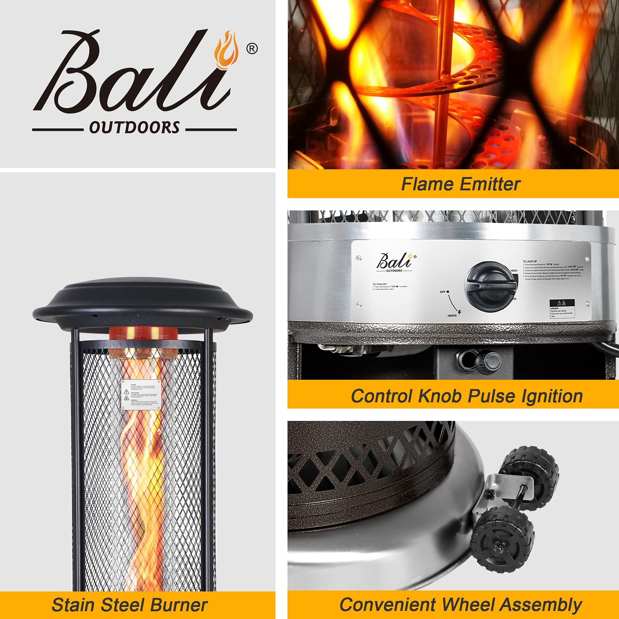 Dark brown propane patio heater with flame emitter, control knob, and convenient wheel assembly.