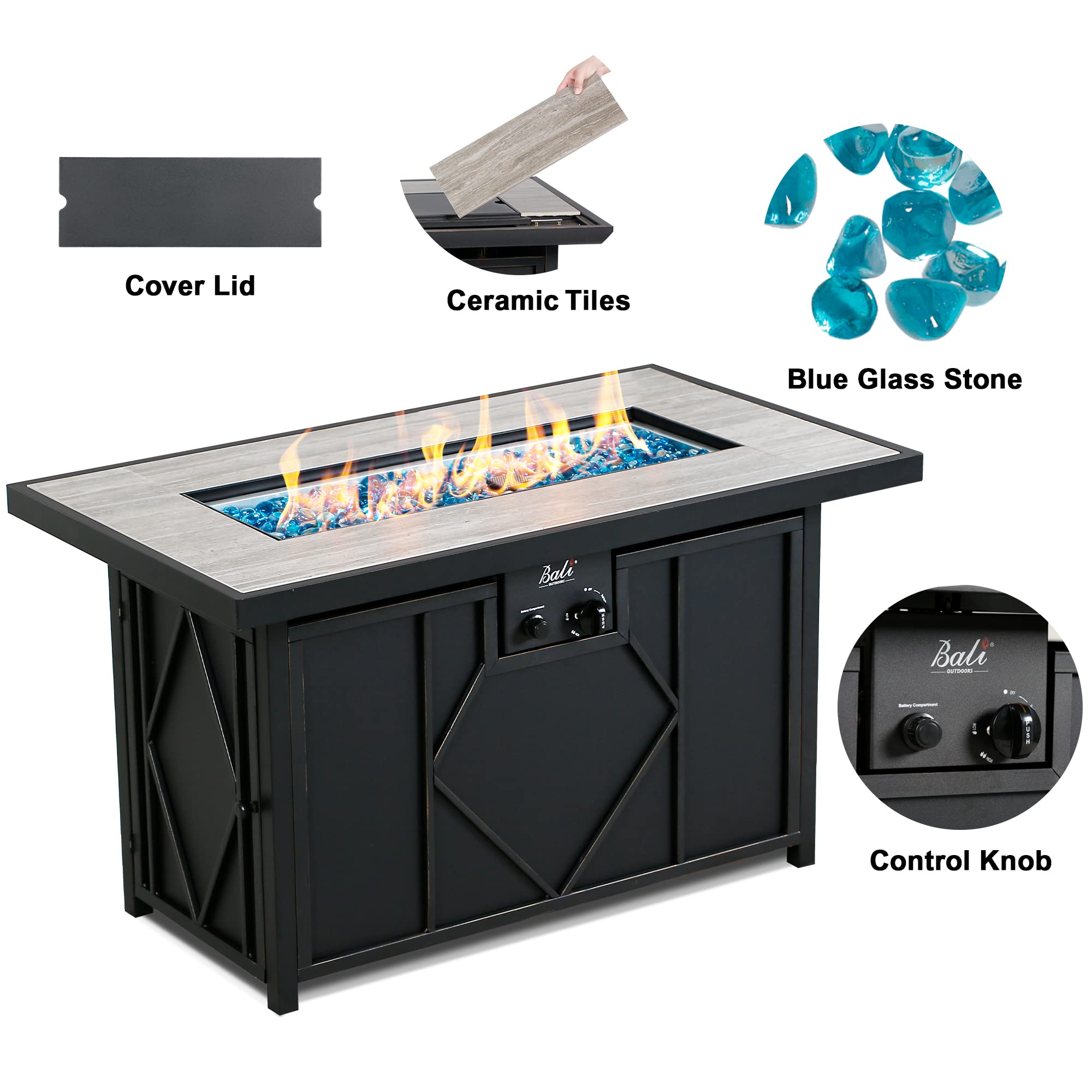 42 inch propane fire pit table, grey ceramic top, black base, blue glass stones, orange flames. Includes lid & controls.