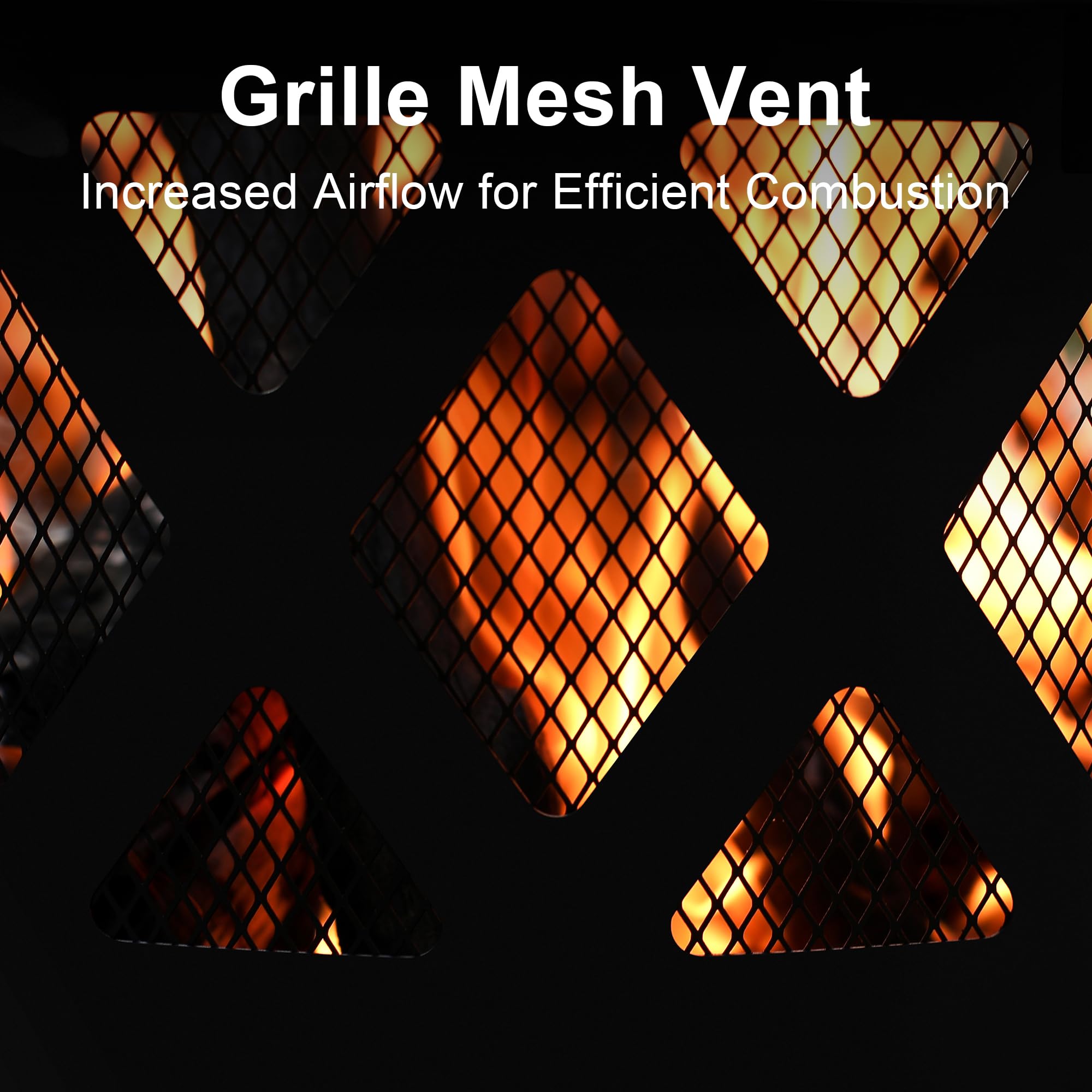 32 inch black wood fire pit with diamond cutouts and grille mesh vent showing efficient airflow and flames.