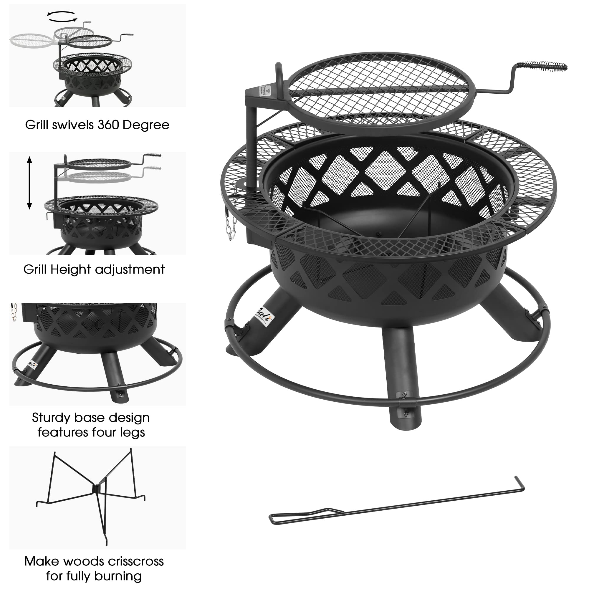 32 inch black outdoor wood fire pit with 360-degree swivel and adjustable height grill, poker, and wood rack.