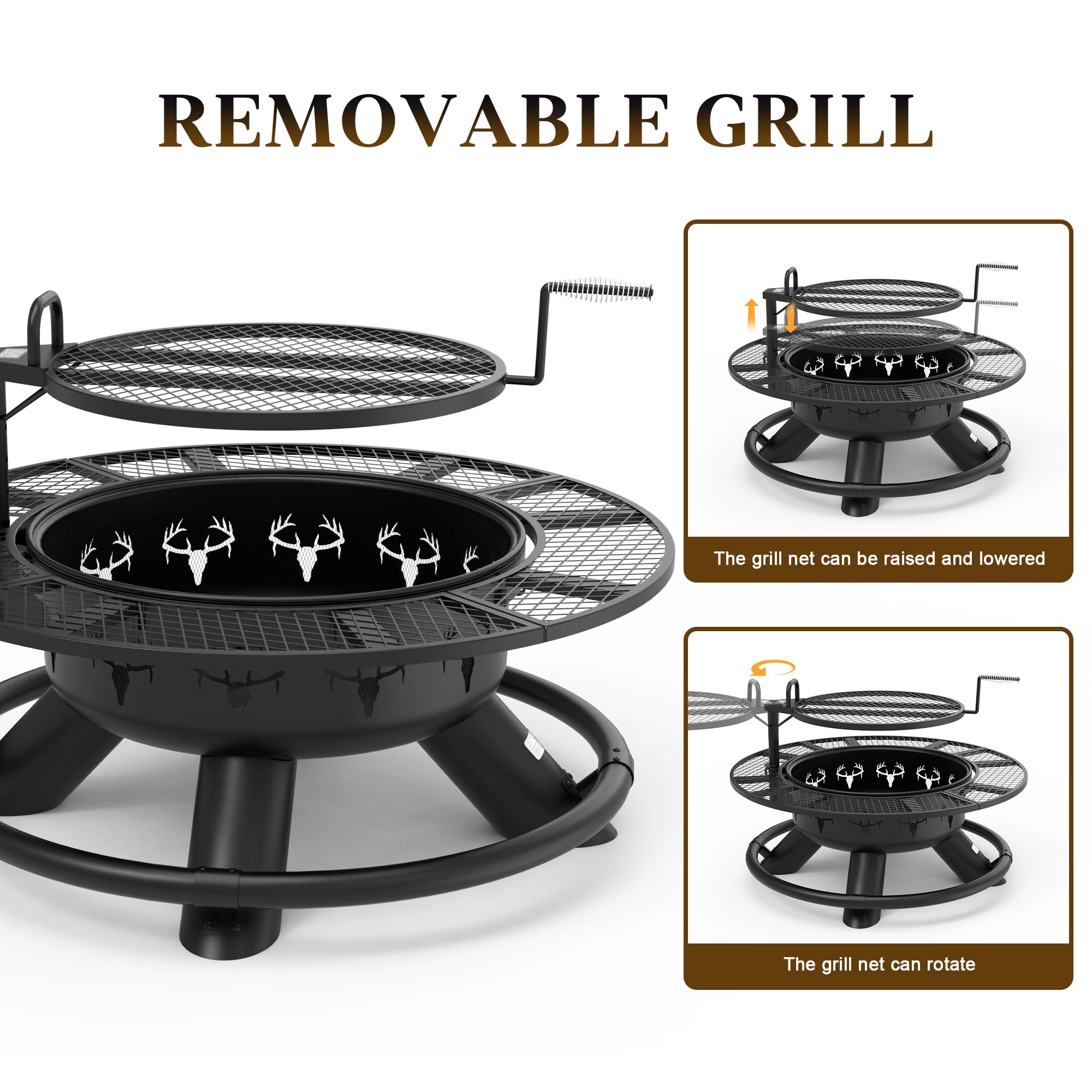 47 inch black wood fire pit, removable adjustable grill, deer cutouts. Shows grill height adjustment and rotation.
