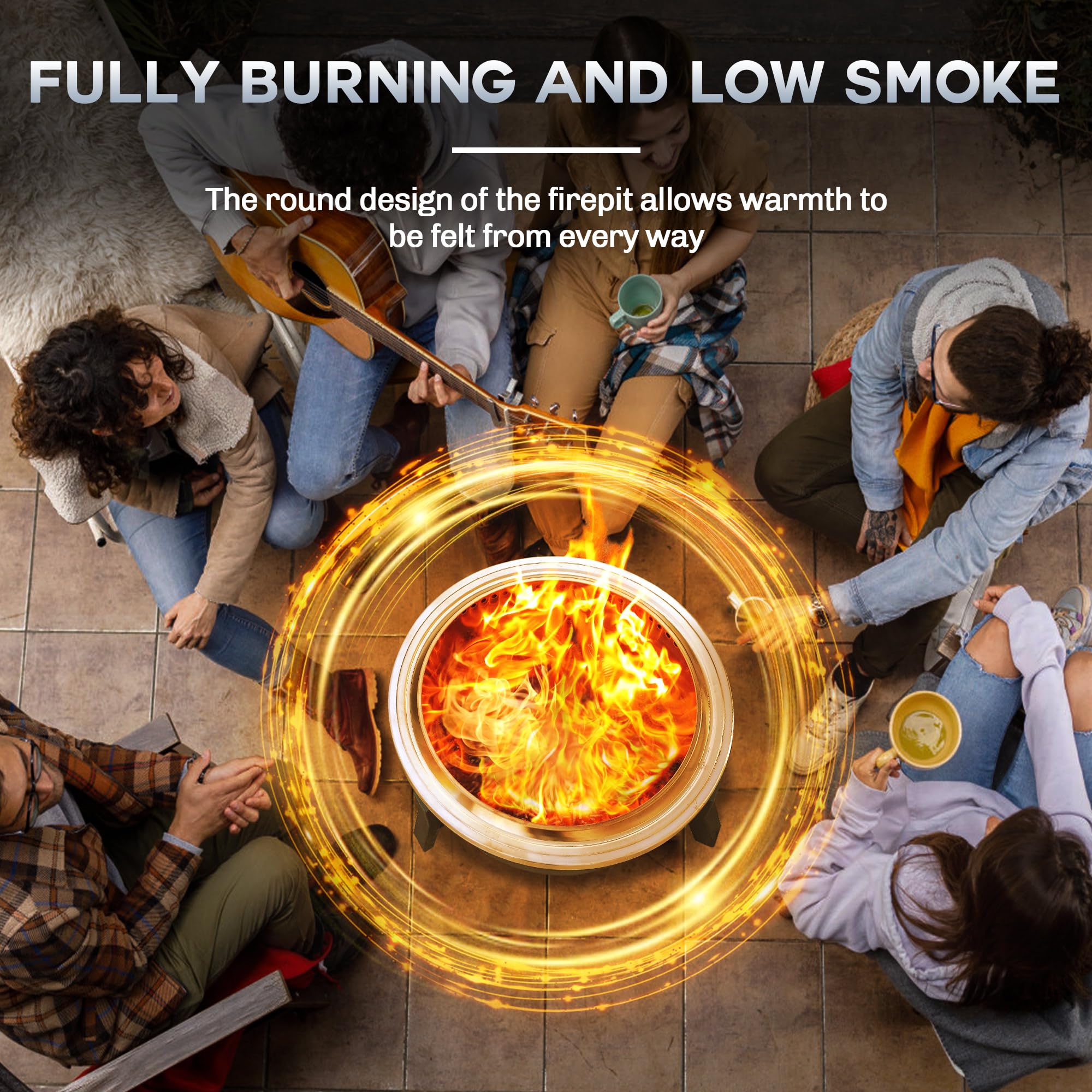 Friends gathered around a 22-inch BALI OUTDOORS smokeless fire pit with bright flames, enjoying outdoor ambiance.