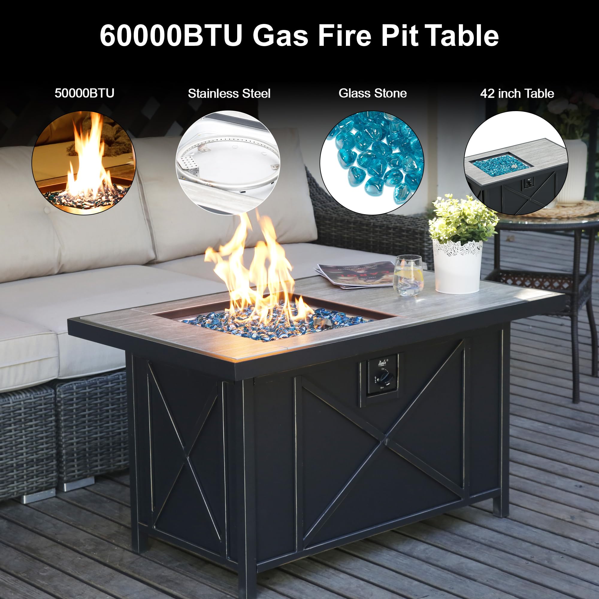 42 inch Rectangular Propane Fire Pit Table, Black